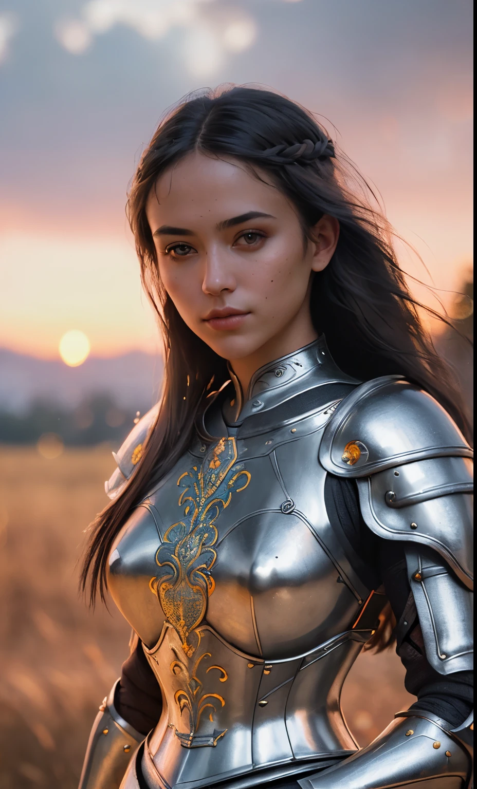 (masterpiece), (extremely intricate:1.3), (realistic), portrait of a girl, the most beautiful in the world, (medieval armor), metal reflections, upper body, outdoors, intense sunlight, far away castle, professional photograph of a stunning woman detailed, sharp focus, dramatic, award winning, cinematic lighting, octane render unreal engine, volumetrics dtx, (film grain, blurry background, blurry foreground, bokeh, depth of field, sunset, motion blur:1.3), chainmail