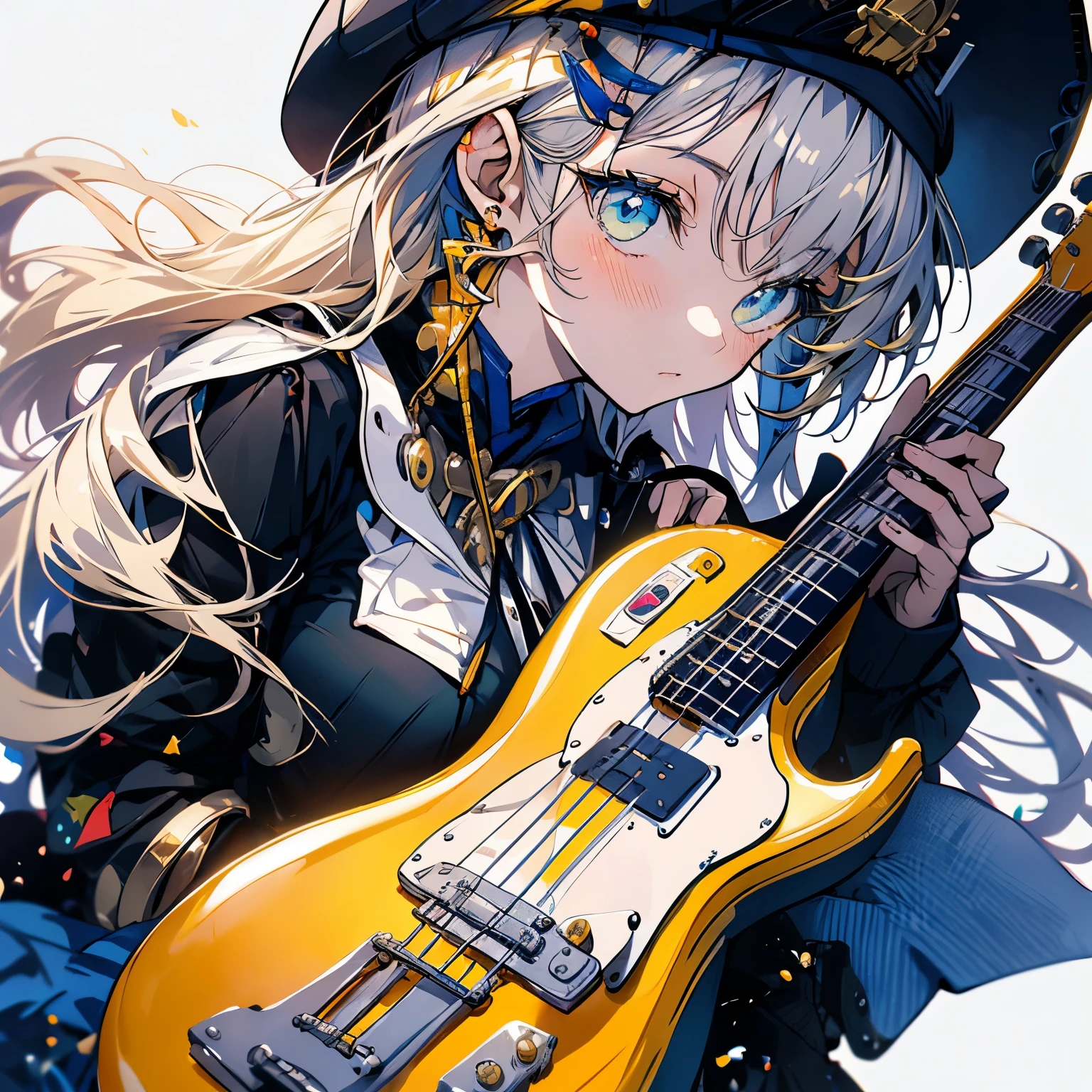 highest quality、masterpiece、anime girl、Brass band club、((guitar))、serious face、Upper body、yellow hair、beret