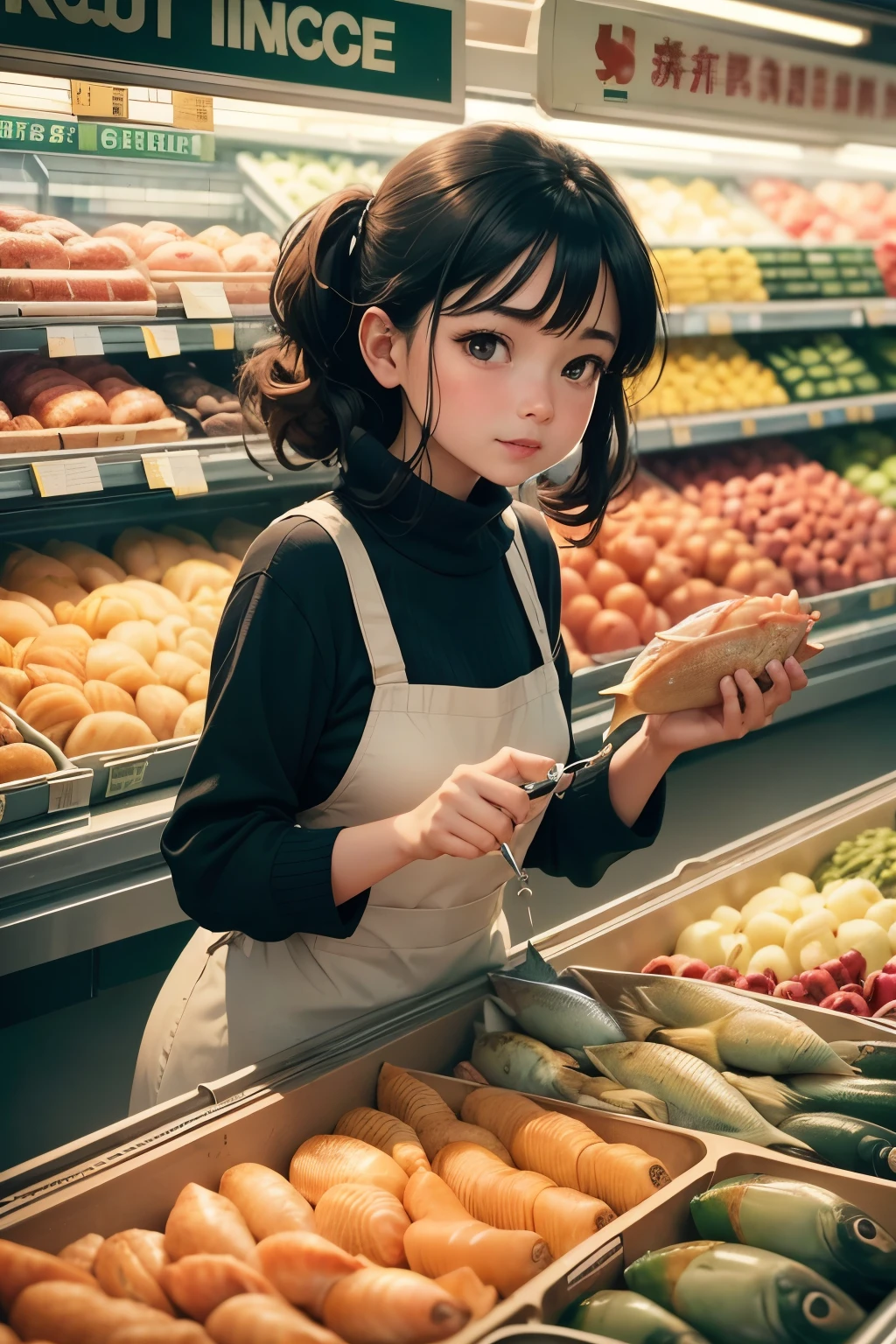 As Mimi ambled through the bustling supermarket, she deftly evaded the vigilant gazes of the shopkeepers. Her heart raced with anticipation as she espied an alluring mound of succulent fish at the fishmonger's stall. With a mischievous glint in her eyes, she tiptoed closer, ensuring that no one was within sight.
