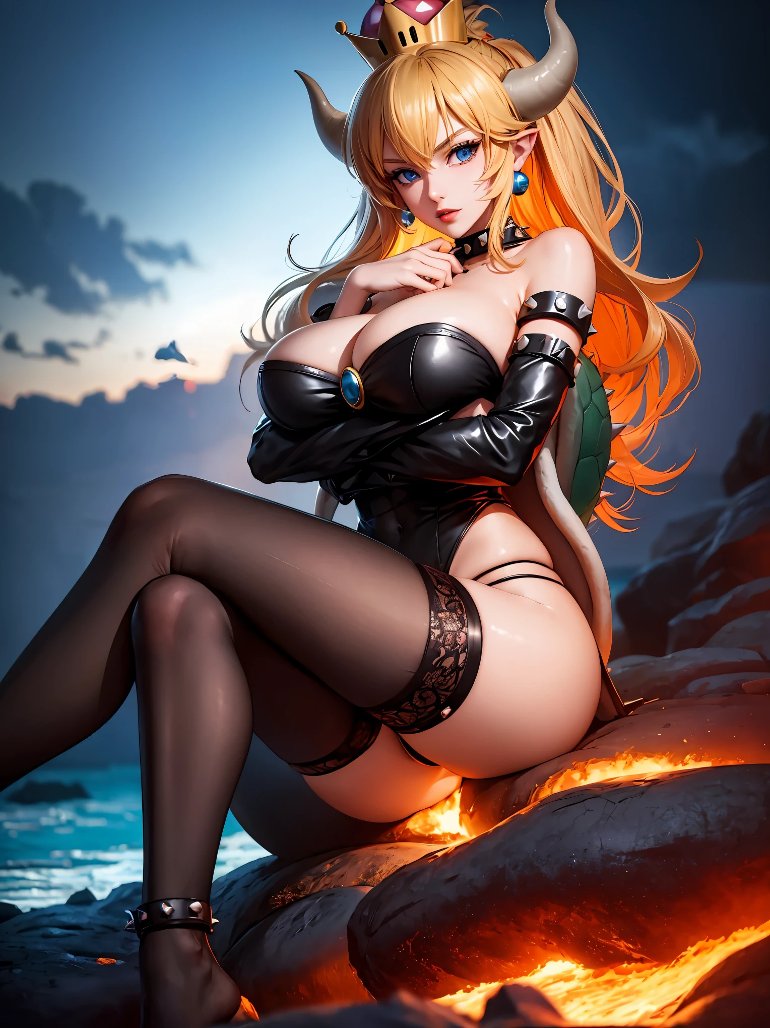 ((high detailed, best quality, 4k, masterpiece, hd:1.3)), ((best quality)), (((HD))), (((8k))), (ultraDH), (ultra HD), Princess Daisy, blue eyes, BREAK blue eyes, seductive, attractive, smooth anime cg art, 36C breasts, long legs, vivid colors, detailed digital art, slim body, perfect skin, dark blonde hair, long hair, blonde hair, blonde hair, BREAK crown, cleavage, 36C cleavage, looking at viewer, BREAK looking at viewer, extremely detailed face, red santa suit, red santa claus suit, santa claus suit, earrings, gem, dark black makeup lips, dark gothic eyeshadows, dark eyeshadows, black eyeshadows, black sexy lips, black lips, (dark:1.2), dark lips, very dark lips, (perfect hands, perfect anatomy), black makeup, black medium lips, black thick lips, detailed fingers, five fingers per hand, 5 fingers, (1 girl), detailed lips, detailed black lips, black painted lips, gothic painted lips, BREAK night, night sky, (breast focus), (arms outstreched:1.2), (from above:1.1), (breasts out:1.3), (off shoulder:1.1), (white horns), (lingerie), inside a lava castle, she inside a sea of lava, she bathing in lava, full body, perfect long legs, perfect foots, legs and foots into the lava,
