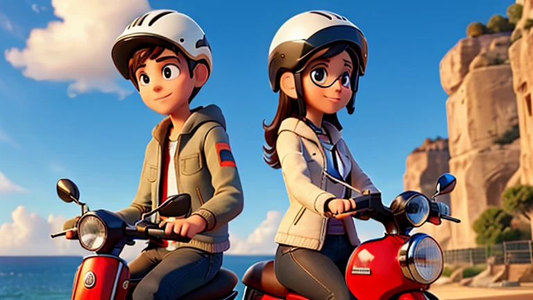 masterpiece, best quality, a young woman and a young man with sunglasses and a scooter helmet on their heads, wearing a vintage motorcycle jacket, ((sitting on the same scooter)), sunset and sea in the distance in the background