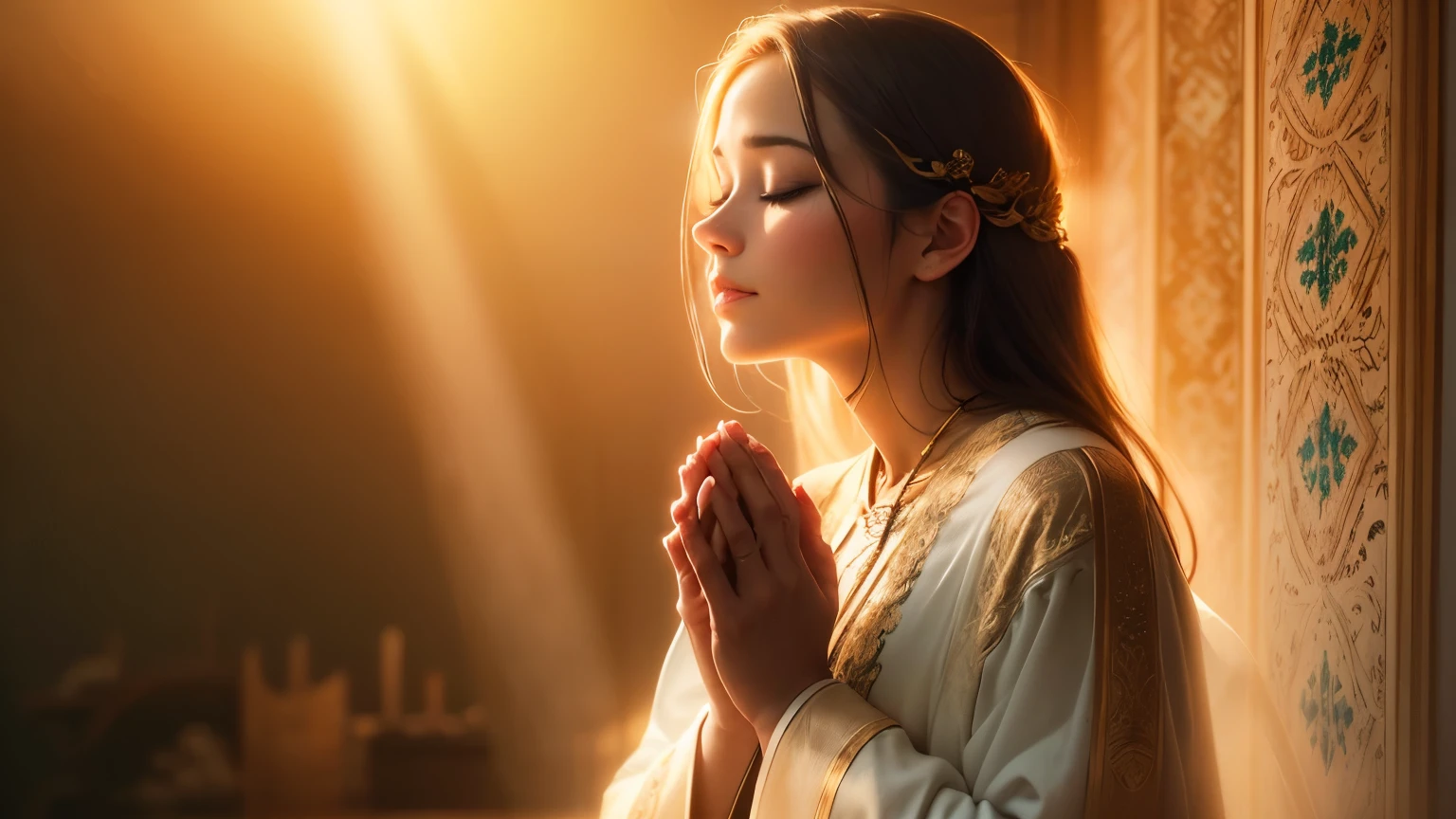 “(best quality,4k,8k,highres,masterpiece:1.2),ultra-detailed,(realistic,photorealistic,photo-realistic:1.37),bright lighting,hopeful atmosphere,modern woman,peaceful,uplifting,front view,front view:1.1,a woman praying,sincere expression,closed eyes,detailed hands,gentle touch,captivating background,heavenly light rays,facing the cameras,vivid colors,glorious aura,religious symbolism,holy,divine presence,colorful skies,ethereal,transcendent beauty,serene landscape,golden hour,soft sunlight,serenity,tranquility,faith,love,worship”