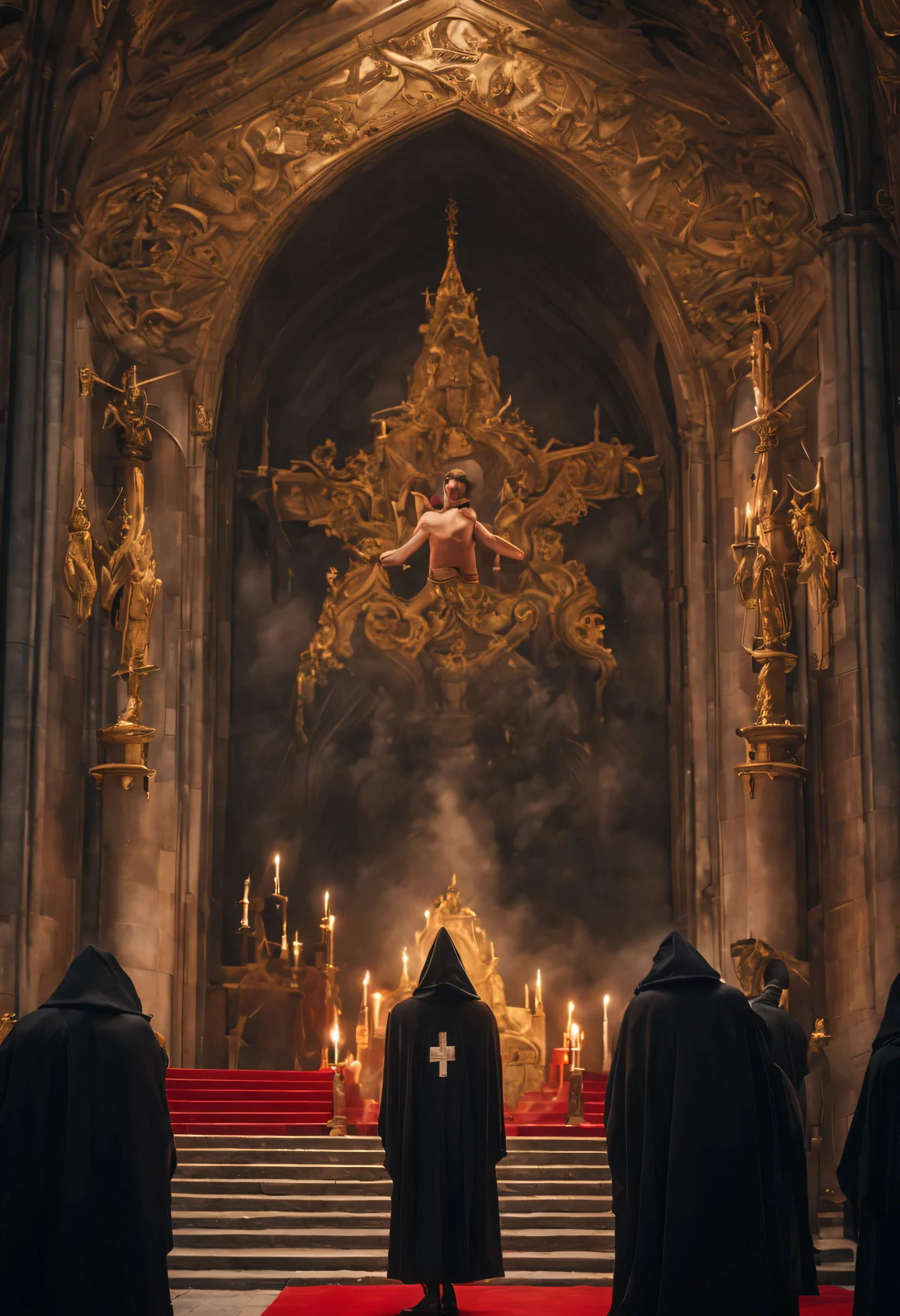A cathedral in the background,an upside down red cross,in front of the door, A man in a golden cloak is praying,behind him, Many men in black robes knelt down and worshiped.,No one can see the face hidden in the hat ,Dark worship,Demon worship,poster,4k