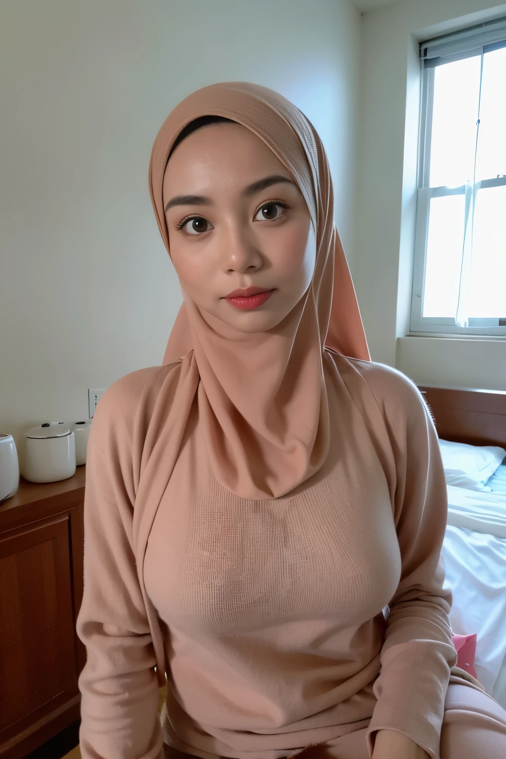 1 matured malay girl in hijab wear see through cloak and visible laces bra underneath, bedroom, upper body, ((medium breast:1.1)), seducing, sexy pose, (8k, RAW photo, best quality, masterpiece:1.2), (realistic, photo-realistic:1.37), overexposed breasts, extremely detailed fully erected, ((MILF body))