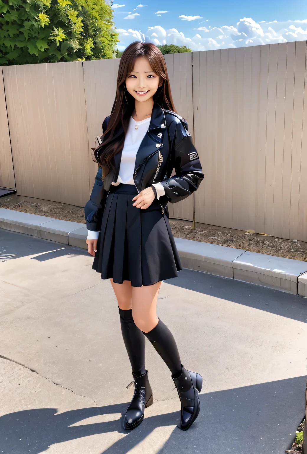 Alafi wearing a black jacket, black skirt, and knee high socks, cold as ice! 🧊, Chiho, she is wearing streetwear, wearing fischer 🧥, 🪔 🎨;🌞🌄, y2k style, y2k style, short skirt and long jacket, Wearing a jacket and skirt, whole body!!, clothes pictures, Straight long hairstyles, bangs, lips、out makeup、short eyelashes、looking at the viewer、lazy smile、realistic、High resolution、debris flies, highest quality, 8k, Beautiful woman、In detail
