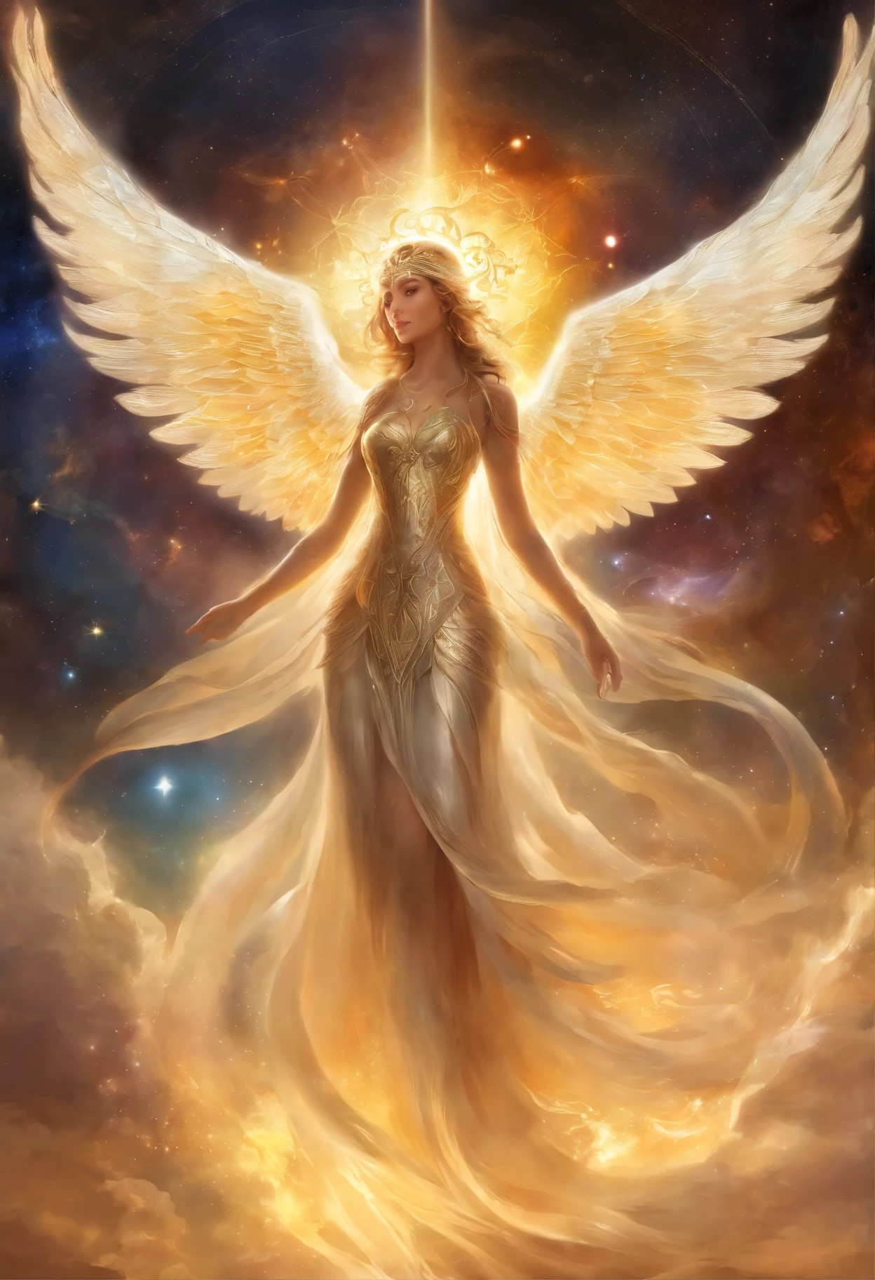 Em um reino celestial, Golden angelic beings radiate a soft, luminosidade divina. no centro, um anjo dourado masculino, com asas majestosas feitas de puro, ouro brilhante, begins to pulsate with intense cosmic energy. suas asas se abriram, Shining with a radiant glow embracing the entire universe.