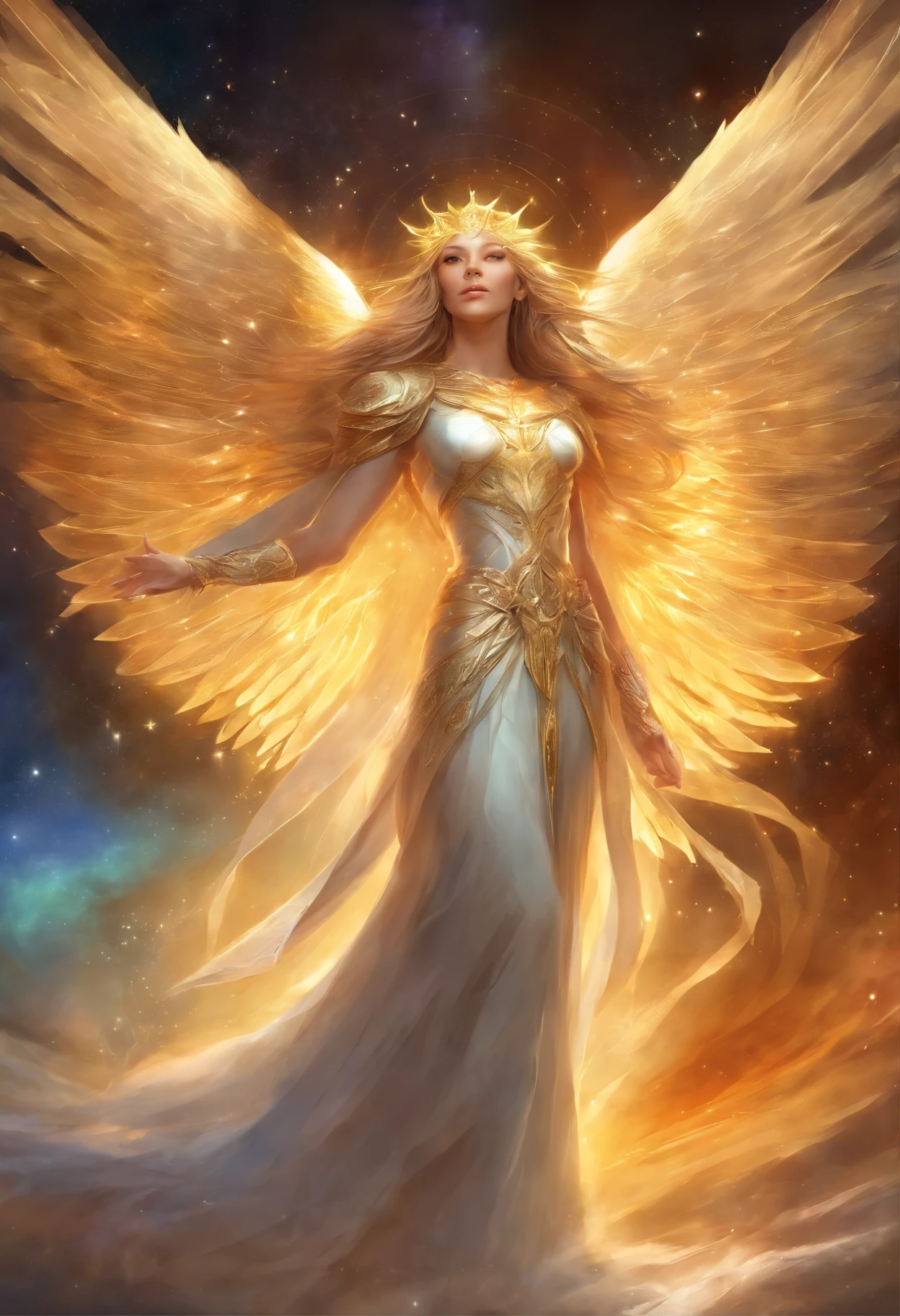 Em um reino celestial, Golden angelic beings radiate a soft, luminosidade divina. no centro, um anjo dourado masculino, com asas majestosas feitas de puro, ouro brilhante, begins to pulsate with intense cosmic energy. suas asas se abriram, Shining with a radiant glow embracing the entire universe.
