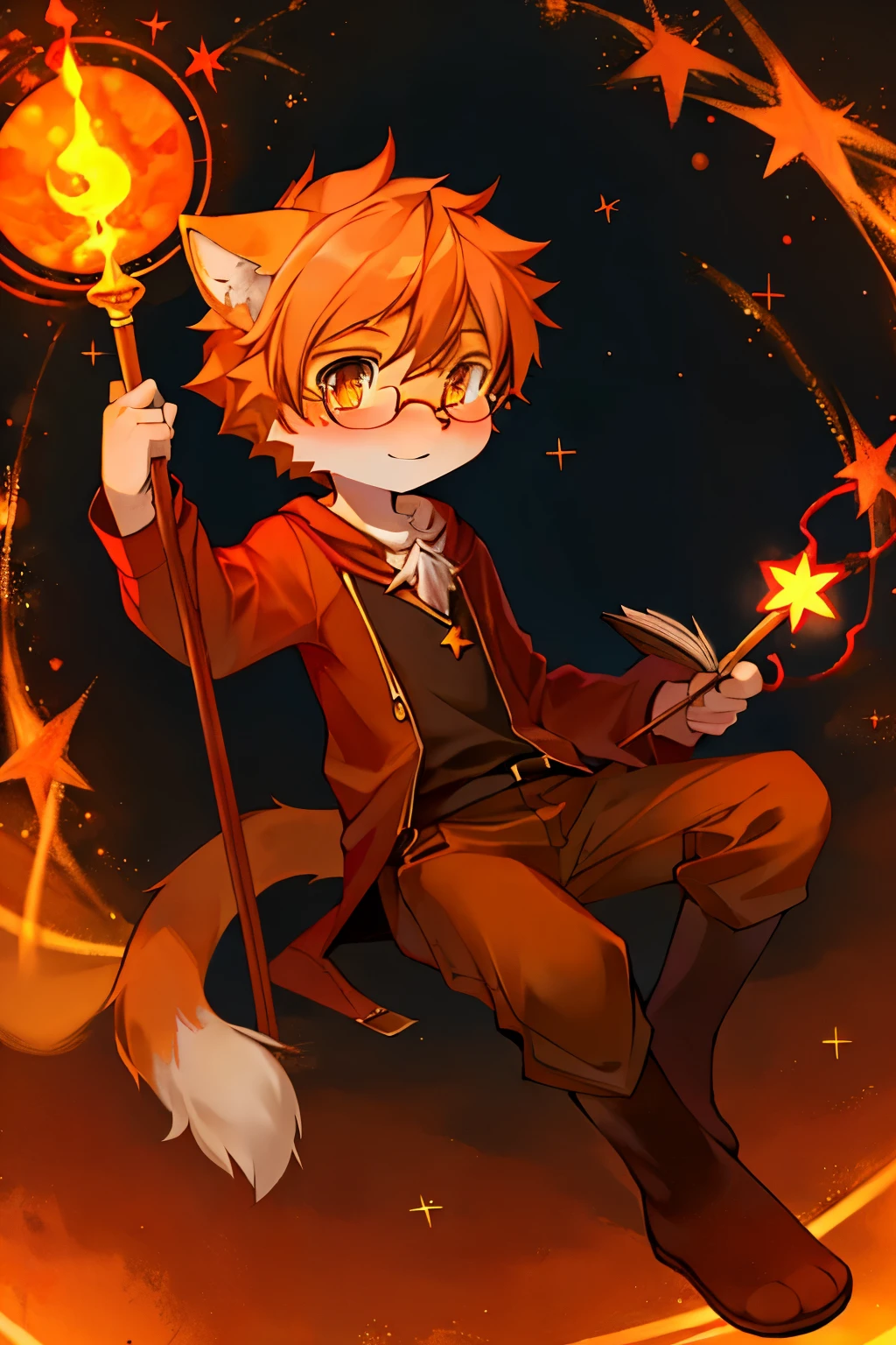 an orange cat，wear glasses，Holding a staff，flame，magic wand，books，six pointed star，magic ball，Shota，cute，magic circle，