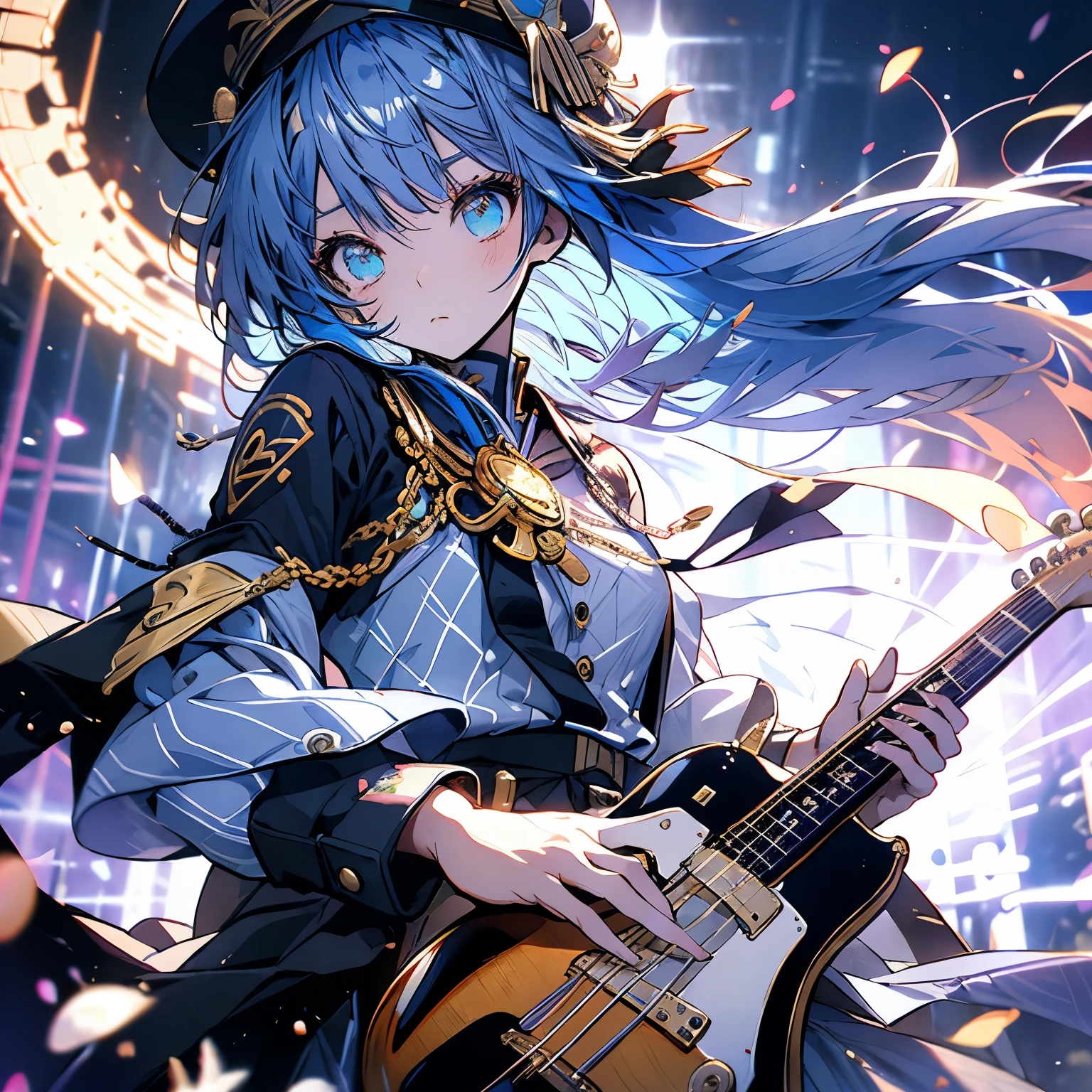 highest quality、masterpiece、anime girl、Brass band club、((guitar))、serious face、Upper body、blue hair、beret