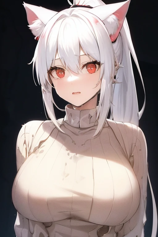 White hair , Ponytail , Cat ears , Sweater , Red eyes , Gradient hair