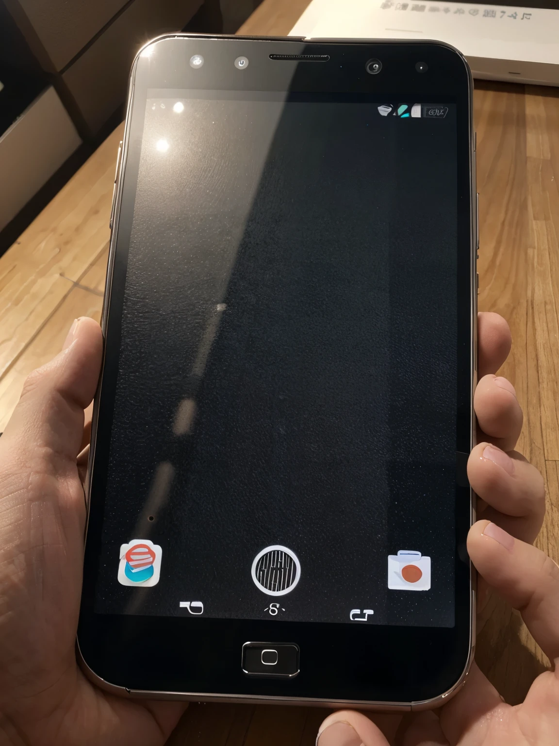 High quality、Smartphone screen looks bigger、I'm using my smartphone、Smartphone screen looks bigger、I'm laying down my smartphone、The smartphone screen is large and looks horizontal