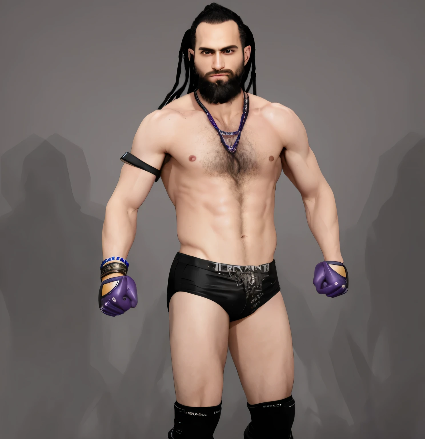 arafed man with a beard and a purple necklace standing in a pose, technoviking male with no shirt, inspired by Volkan Baga, mma southpaw stance, johnny silverhand, as a character in tekken, male character, wrestler, inspired by Adam Manyoki, beefcake pose, posing for a fight intricate, inspired by Anthony Palumbo, new character