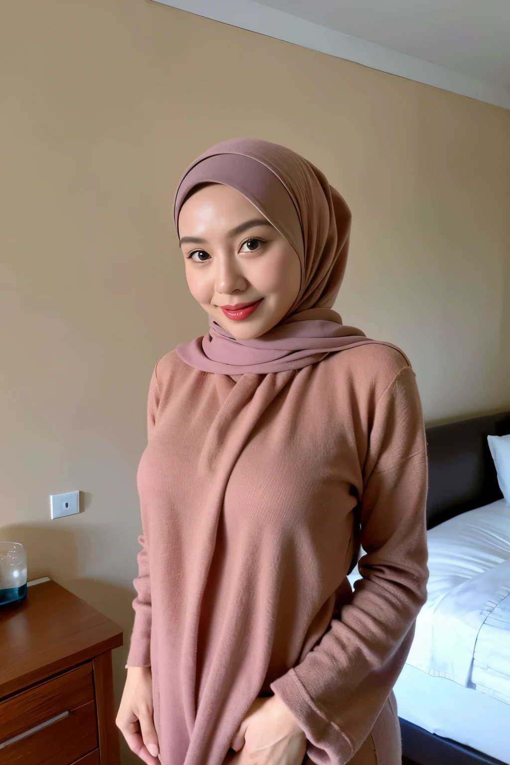 1 matured malay girl in hijab wear see through cloak and visible laces bra underneath, bedroom, upper body, ((medium breast:1.1)), seducing, sexy pose, (8k, RAW photo, best quality, masterpiece:1.2), (realistic, photo-realistic:1.37), overexposed breasts, extremely detailed fully erected, ((MILF body))