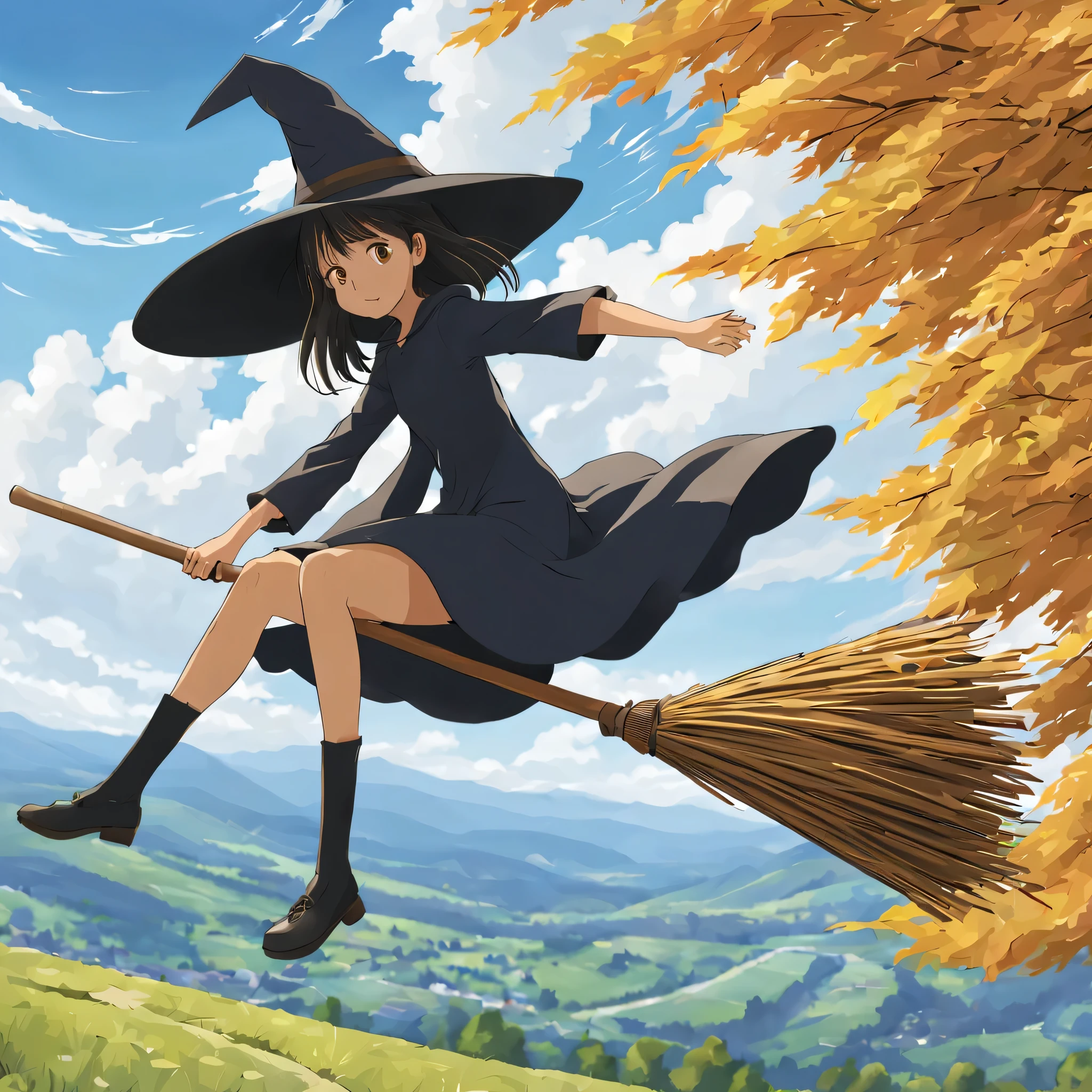 1 girl, alone,Flying Witch,Broom ride,