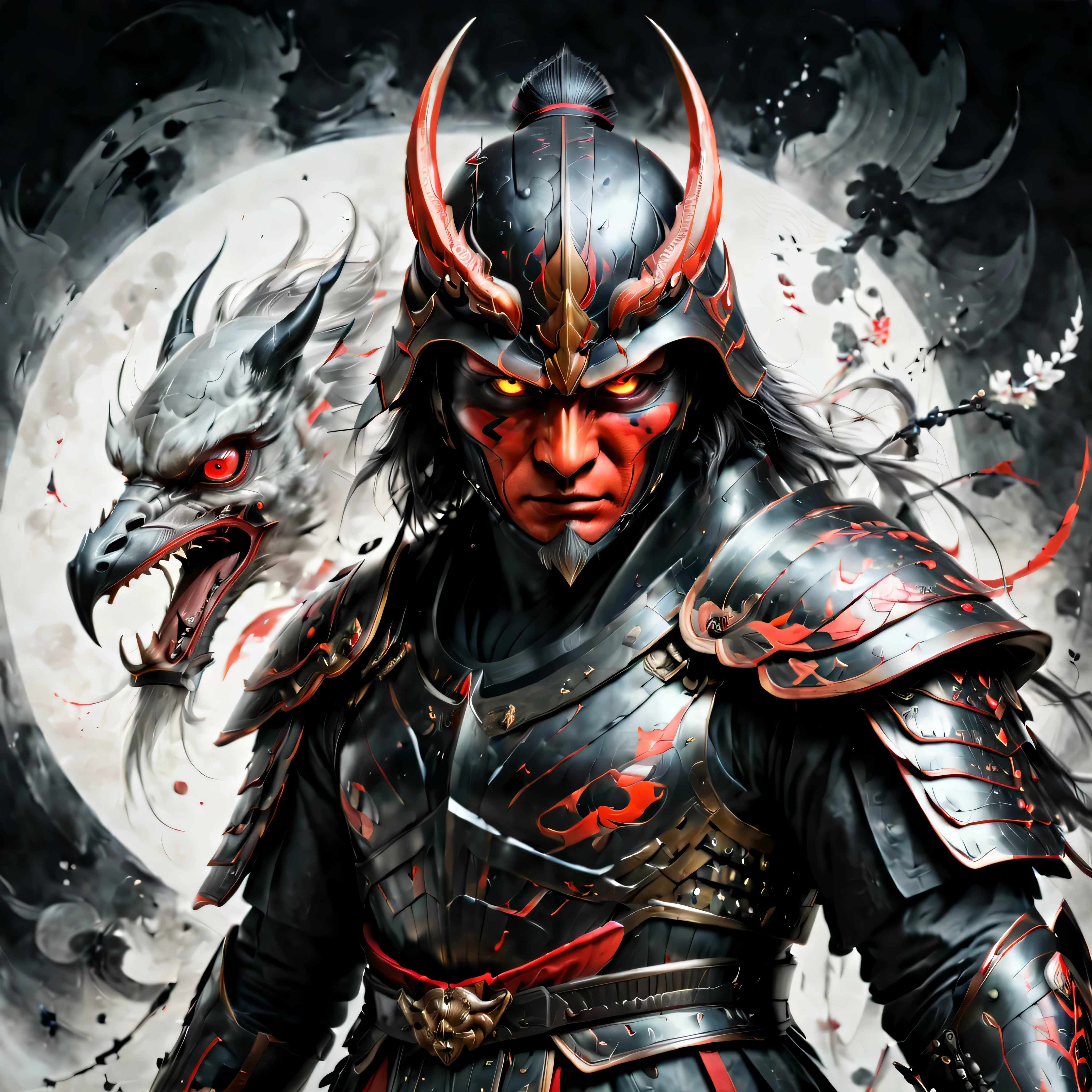 ((Selective color)), Drawing of a Tengu in Samurai Robe with Red Eye, smooth lines, fine art piece, Express expressions and postures through ink contrast, emphasize light, shadow and space. figurative art, (best quality, 4K, 8k, high resolution,masterpiece:1.2) ,(actual, photoactual, photo-actual:1.37). 