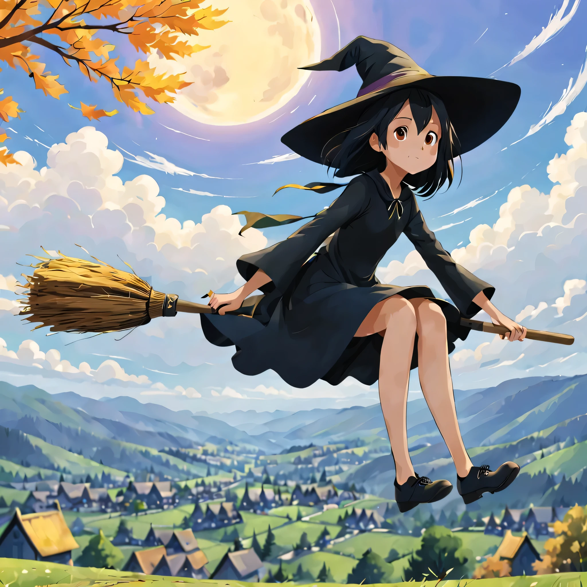 1 girl, alone,Flying Witch,Broom ride,