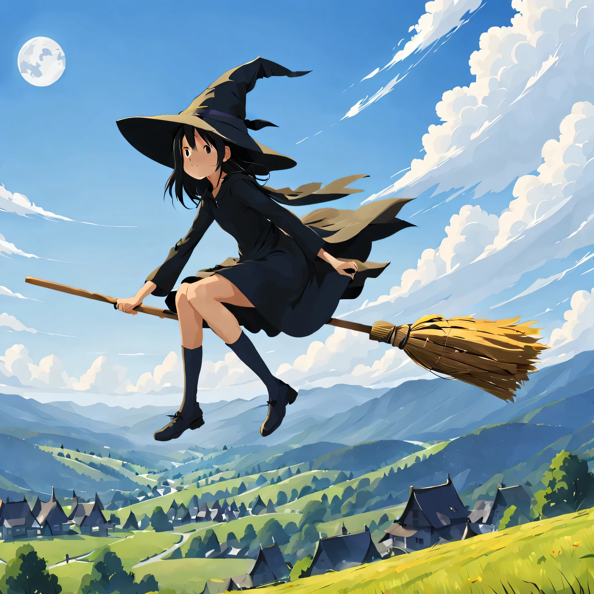 1 girl, alone,Flying Witch,Broom ride,