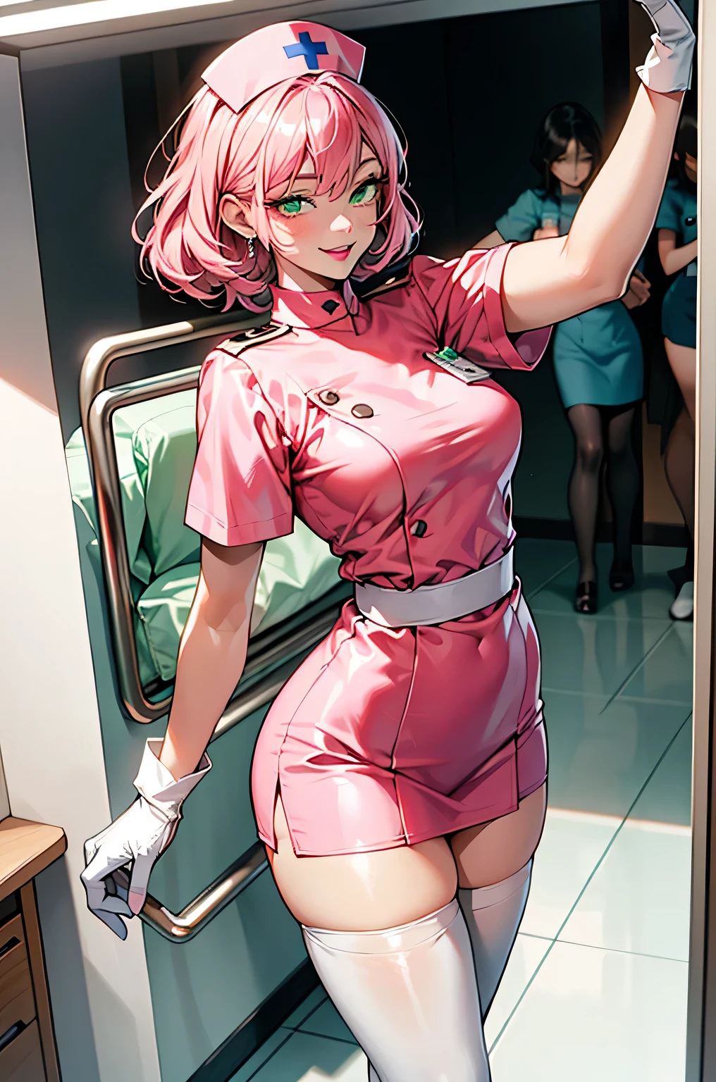 1 female, alone, nurse, nurse cap, white clothes, ((white legwear, zettai ryouiki)), white gloves, pink hair, green eyes, droopy eyes, pink lips, smile, Are standing, ((hospital room)), sharp outline, short sleeve, mature woman, 32 years old, highest quality, masterpiece