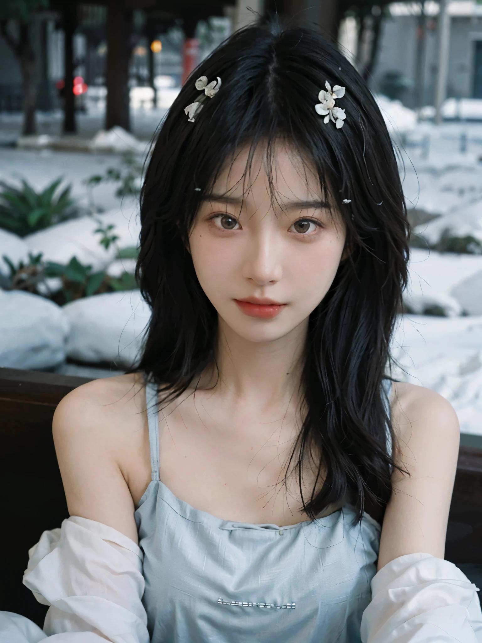 Film portrait photography, 2 girls, 2 girls，twin，bare shoulders, Shoulder length wavy hair, Snow-white cheongsam，(Realistic and detailed eyes, natural skin texture, Realistic facial details),, depth of field, Bokeh, Vibrant details, Detailed and detailed, Surrealism, 35mm film, hazy, ,Selfie，