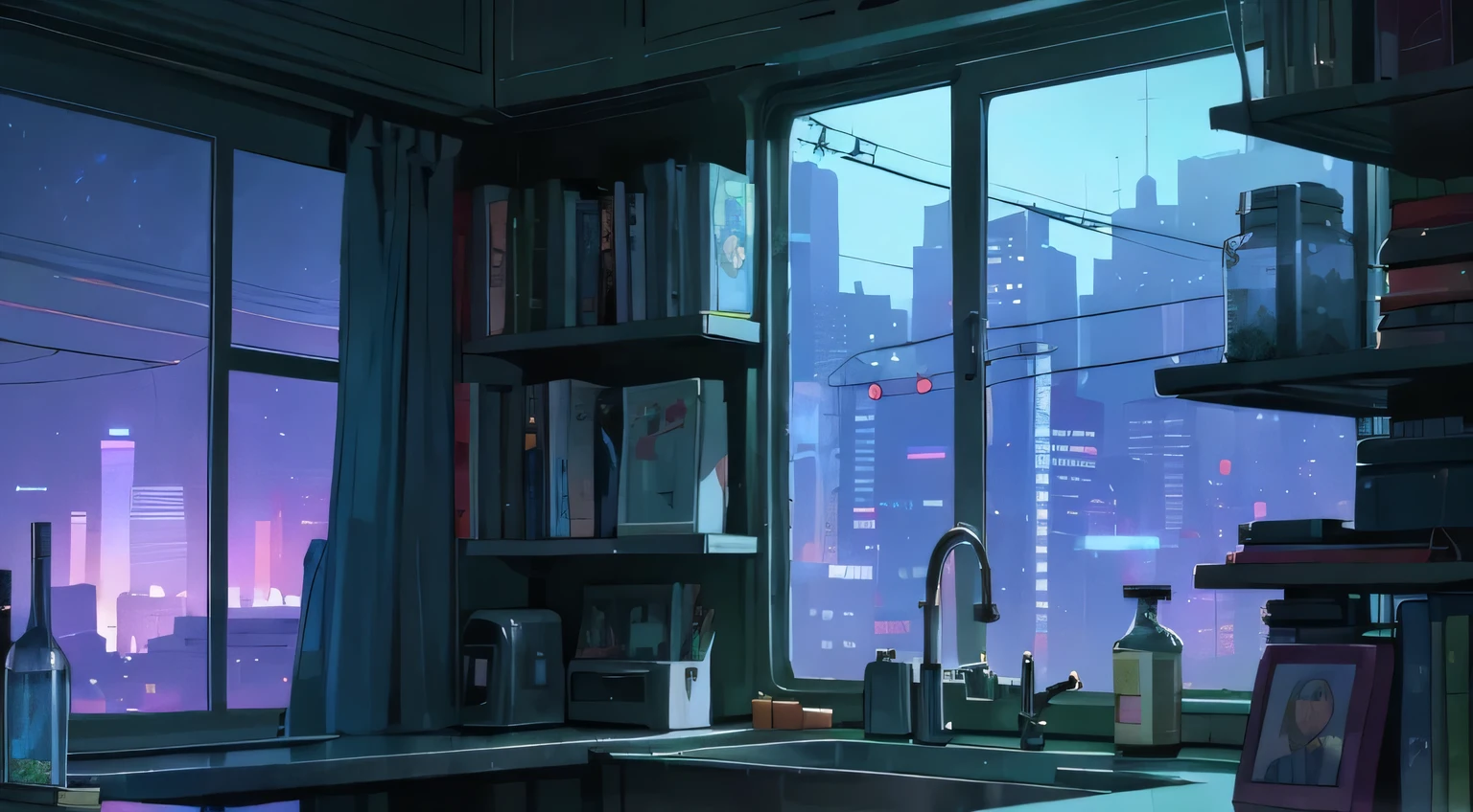 (great details), in night, Indoors, dim blue-green light, Bookshelves are half filled with books, Various items on the countertop, windows right in front of the window, The share of windows accounts for a quarter of the picture, Night view of the city outside the window, anime style 4 k, Cyberpunk anime, 4k anime wallpaper, Anime Art Wallpaper 8K, Anime style. 8K, digital cyberpunk anime art, hologram
