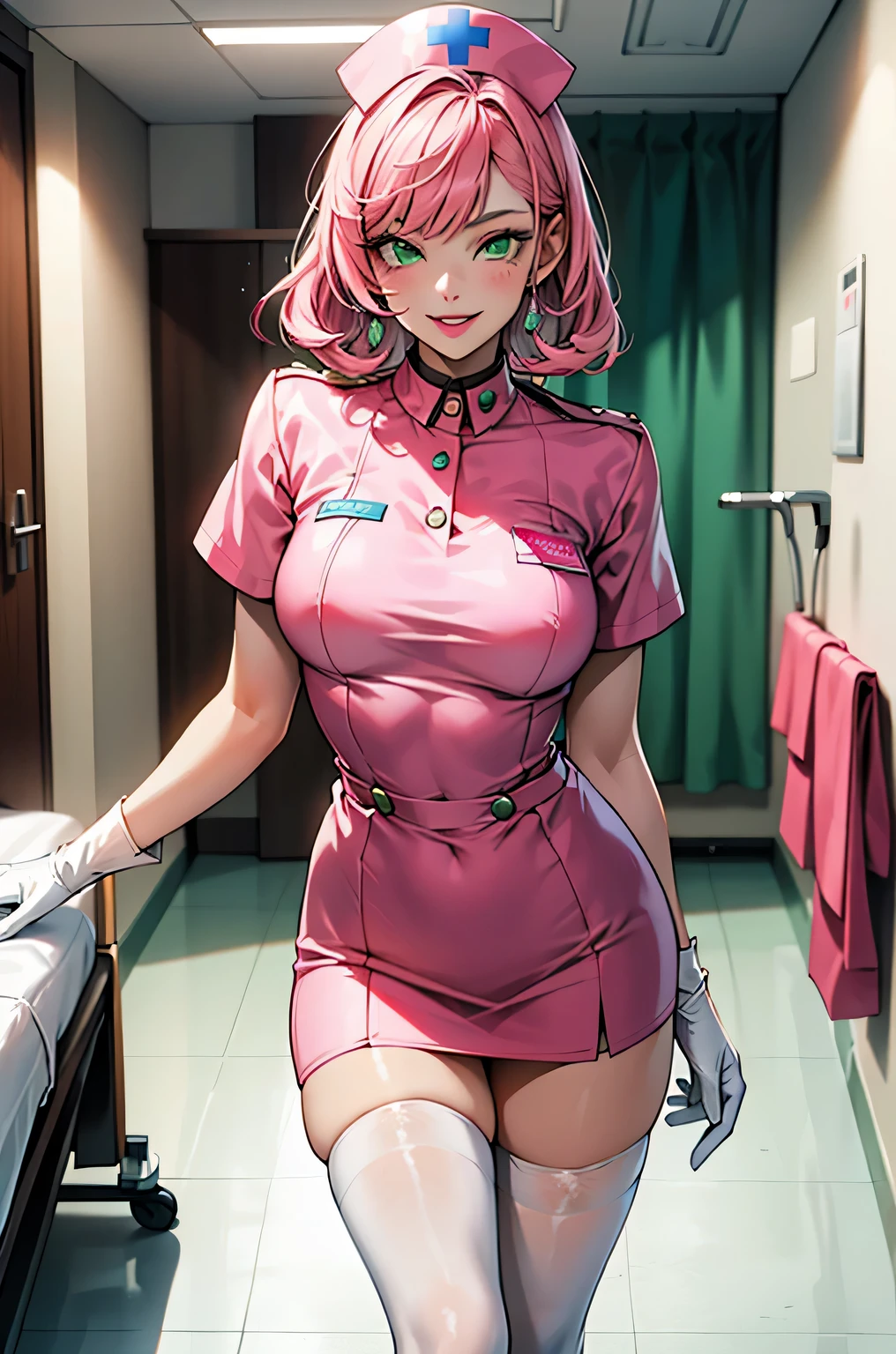 1 female, alone, nurse, nurse cap, white clothes, ((white legwear, zettai ryouiki)), white gloves, pink hair, green eyes, droopy eyes, pink lips, smile, Are standing, ((hospital room)), sharp outline, short sleeve, mature woman, 32 years old, highest quality, masterpiece