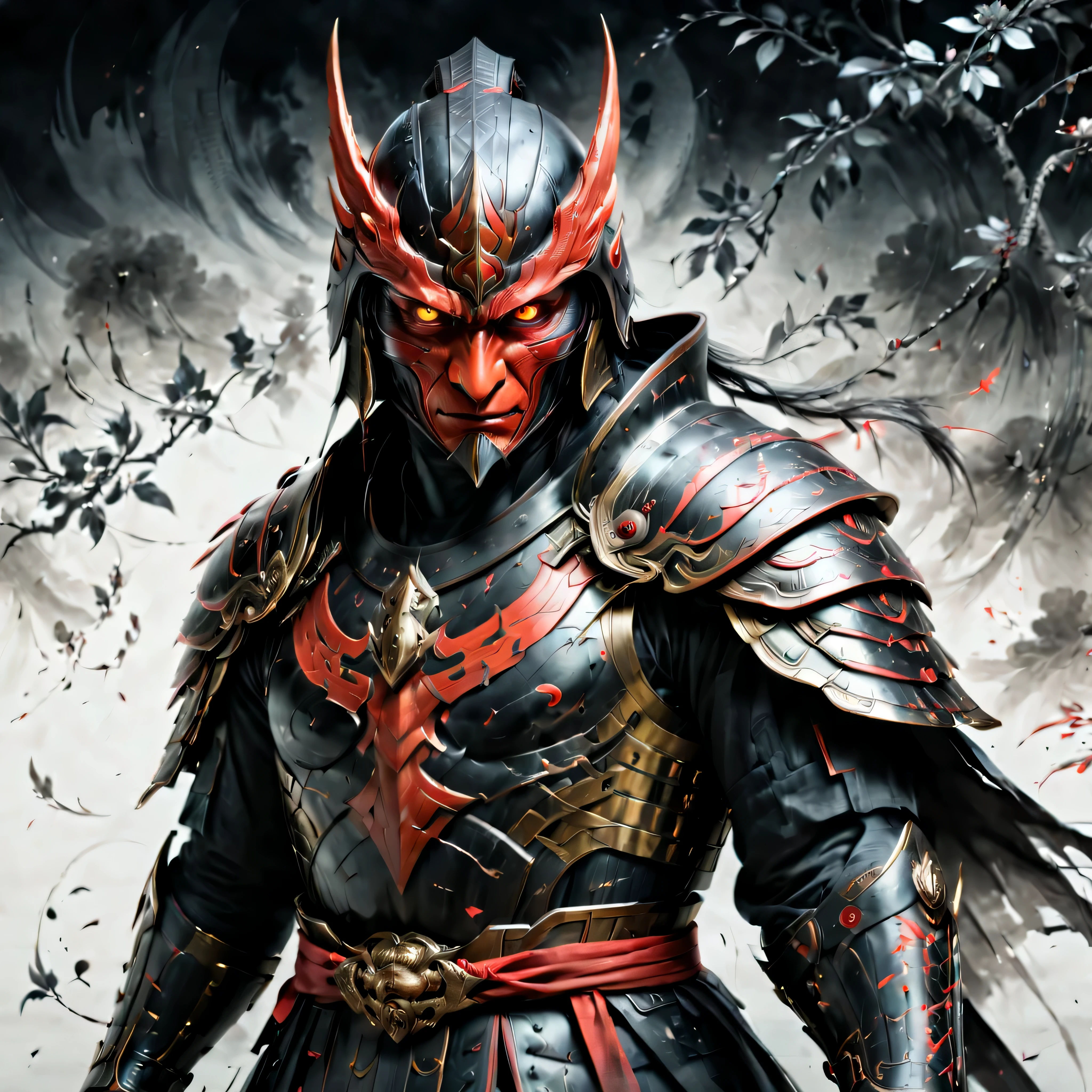 ((Selective color)), Drawing of a Tengu in Samurai Robe with Red Eye, smooth lines, fine art piece, Express expressions and postures through ink contrast, emphasize light, shadow and space. figurative art, (best quality, 4K, 8k, high resolution,masterpiece:1.2) ,(actual, photoactual, photo-actual:1.37).