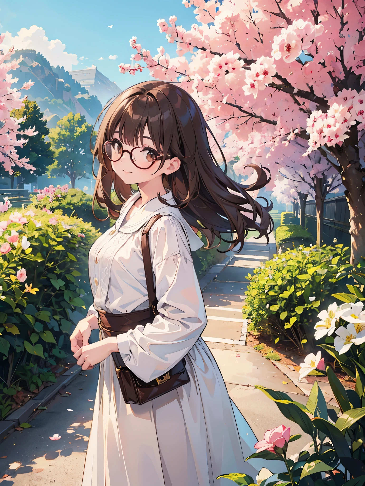 1 woman、brown hair(long)、brown eyes、black round glasses、 best quality、Super detailed、8K resolution、Raw photo、muste piece、seductive 、gorgeous face、perfect body、spring scenery、stroll、smile