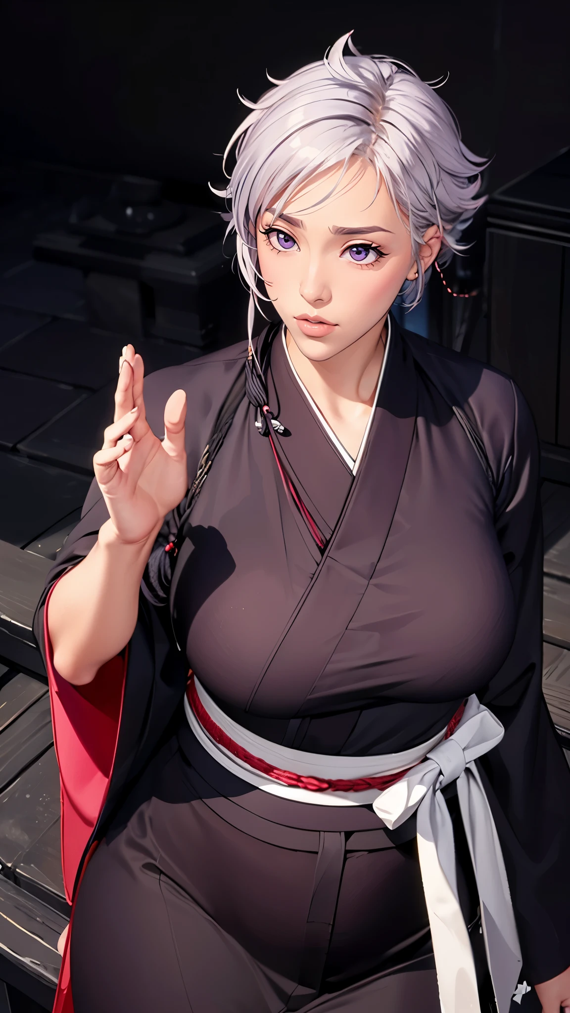 （（（完美figure，figure，long sleeves, japanese clothes, kimono, haori, black kimono, hakama, black hakama,（（（isane kotetsu, short hair, braid, white hair, (purple eyes:1.1), hair braid, ））），（（（wide hips））），S型figure:1.7））），((masterpiece)),high resolution, ((Best quality at best))，masterpiece，quality，Best quality，（（（ Exquisite facial features，looking at the audience,There is light in the eyes，blush，Happy））），（（（Interlacing of light and shadow，huge ））），（（（looking into camera，fighting stance，Ghost Road，glow，from above，looking down）））