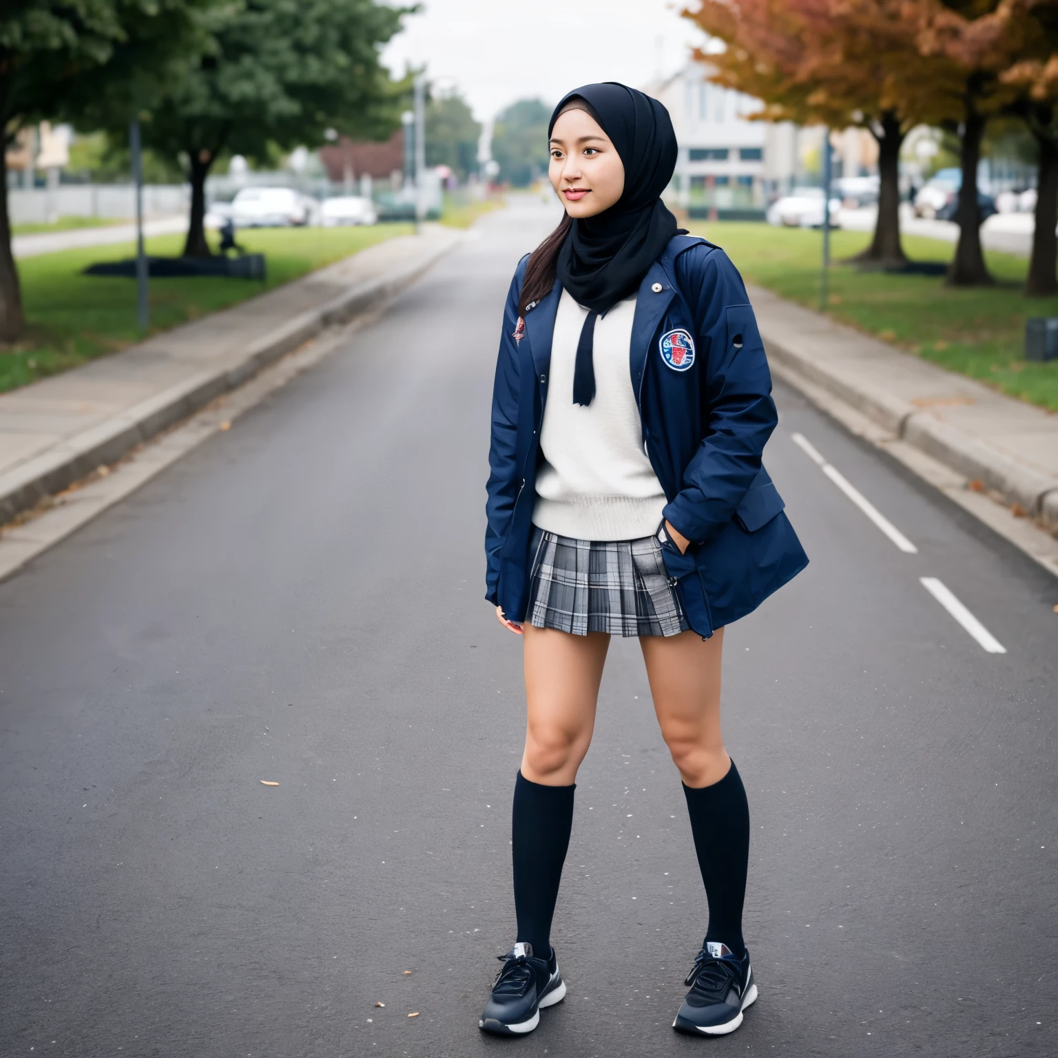 Hijab school girl wearing dark blue Jacket and wear black long pantas