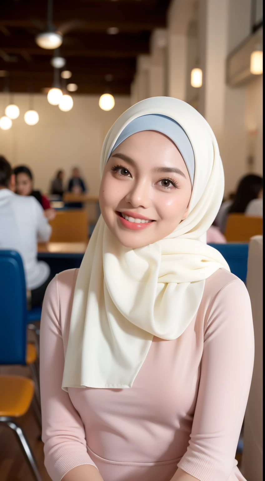 Malay girl in hijab, wear pastel white peplum dress, going to dinner, smiling, very long white hijab, wear necklace, front view, hijab blown, windy, detail skin, age spot, detail skin texture, mole below eyes, small breast, flat chest, wide hips, small waists, thick thighs, slim abs, beautiful body, nighttime, laughing, happy, bright lighting, people in background, college gym background, blur background, bokeh, location: dinner hall,