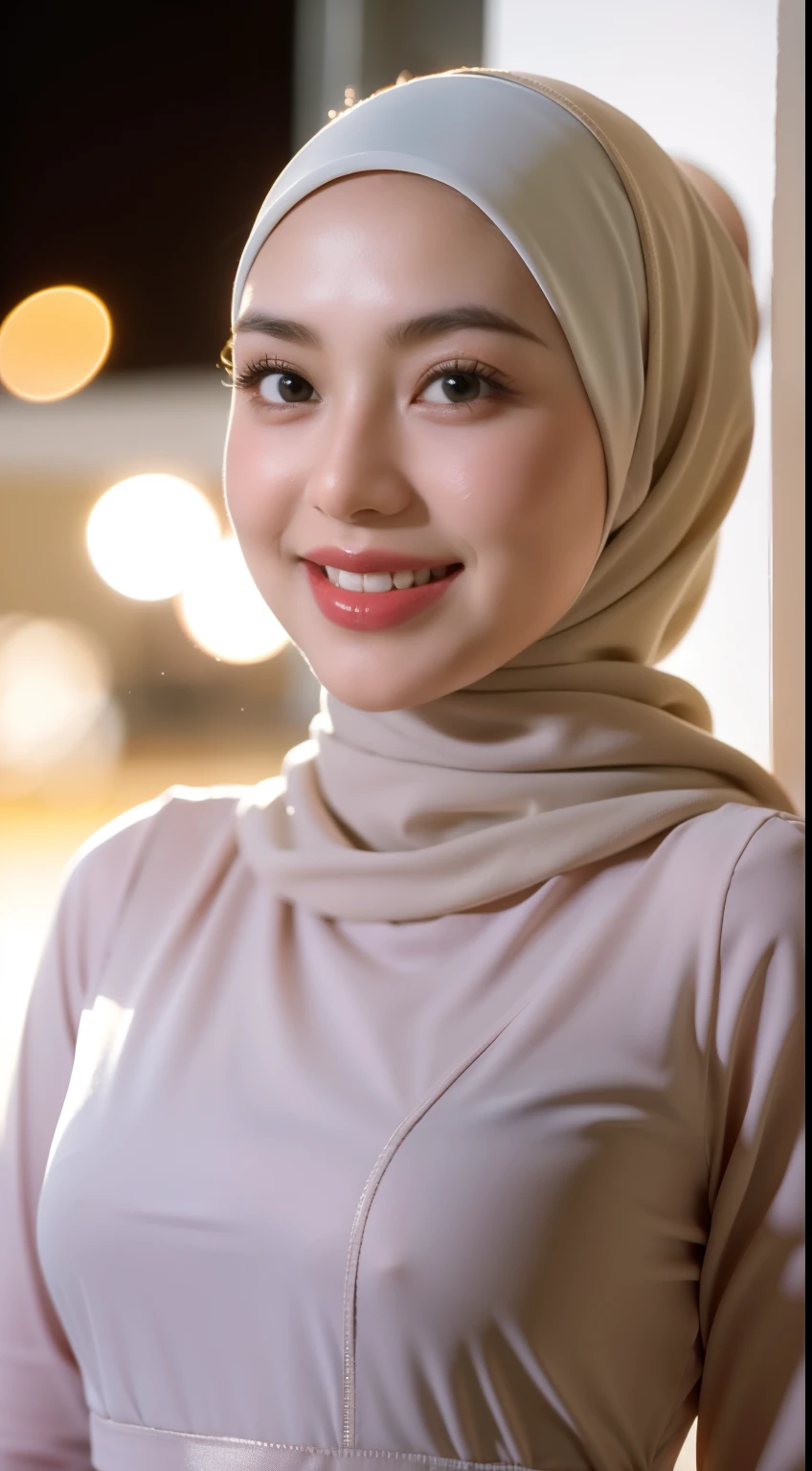 Malay girl in hijab, wear pastel white peplum dress, going to dinner, smiling, very long white hijab, wear necklace, front view, hijab blown, windy, detail skin, age spot, detail skin texture, mole below eyes, small breast, flat chest, wide hips, small waists, thick thighs, slim abs, beautiful body, nighttime, laughing, happy, bright lighting, people in background, college gym background, blur background, bokeh, location: dinner hall,