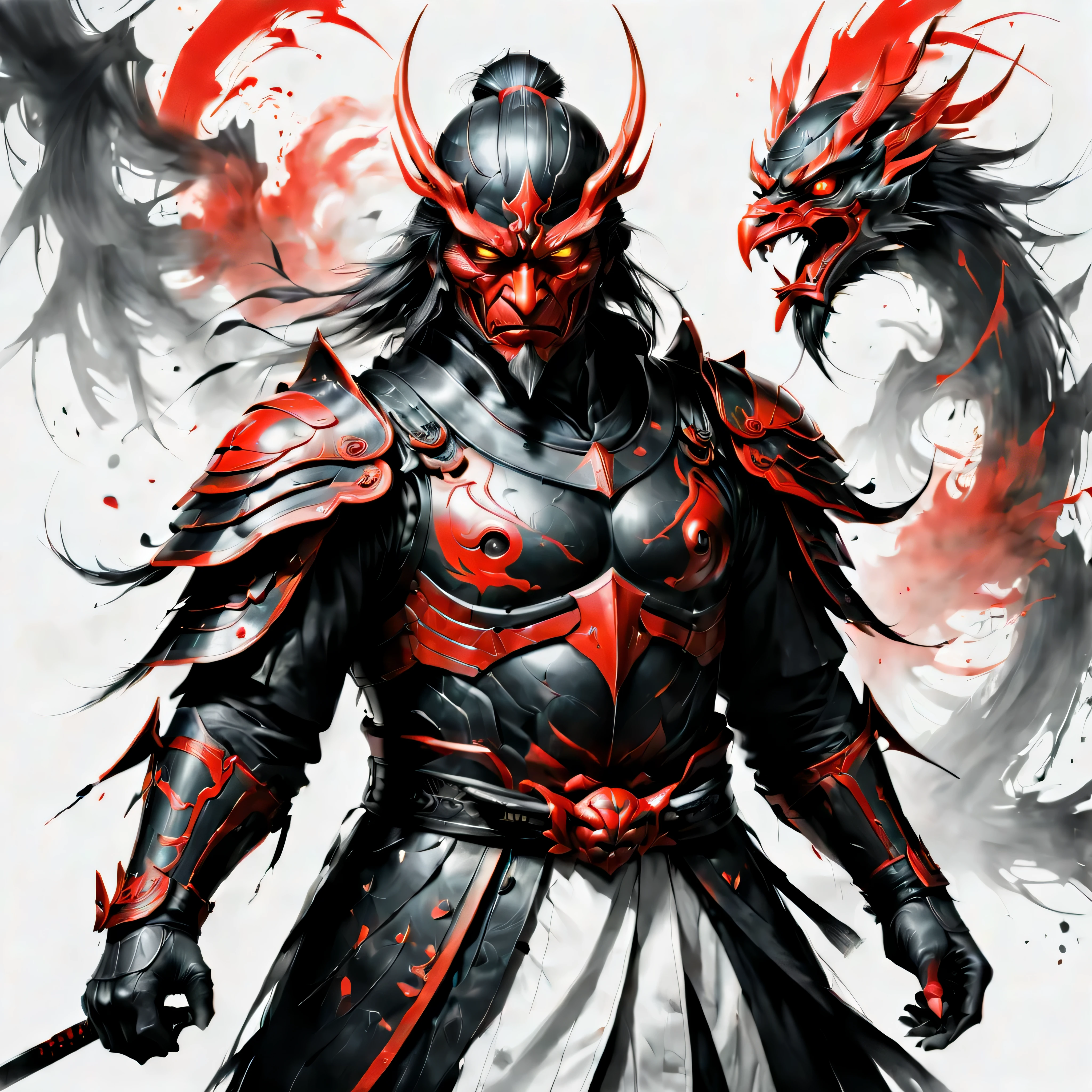 ((Selective color)), Drawing of a Tengu in Samurai Robe with Red Eye, smooth lines, fine art piece, Express expressions and postures through ink contrast, emphasize light, shadow and space. figurative art, (best quality, 4K, 8k, high resolution,masterpiece:1.2) ,(actual, photoactual, photo-actual:1.37). 