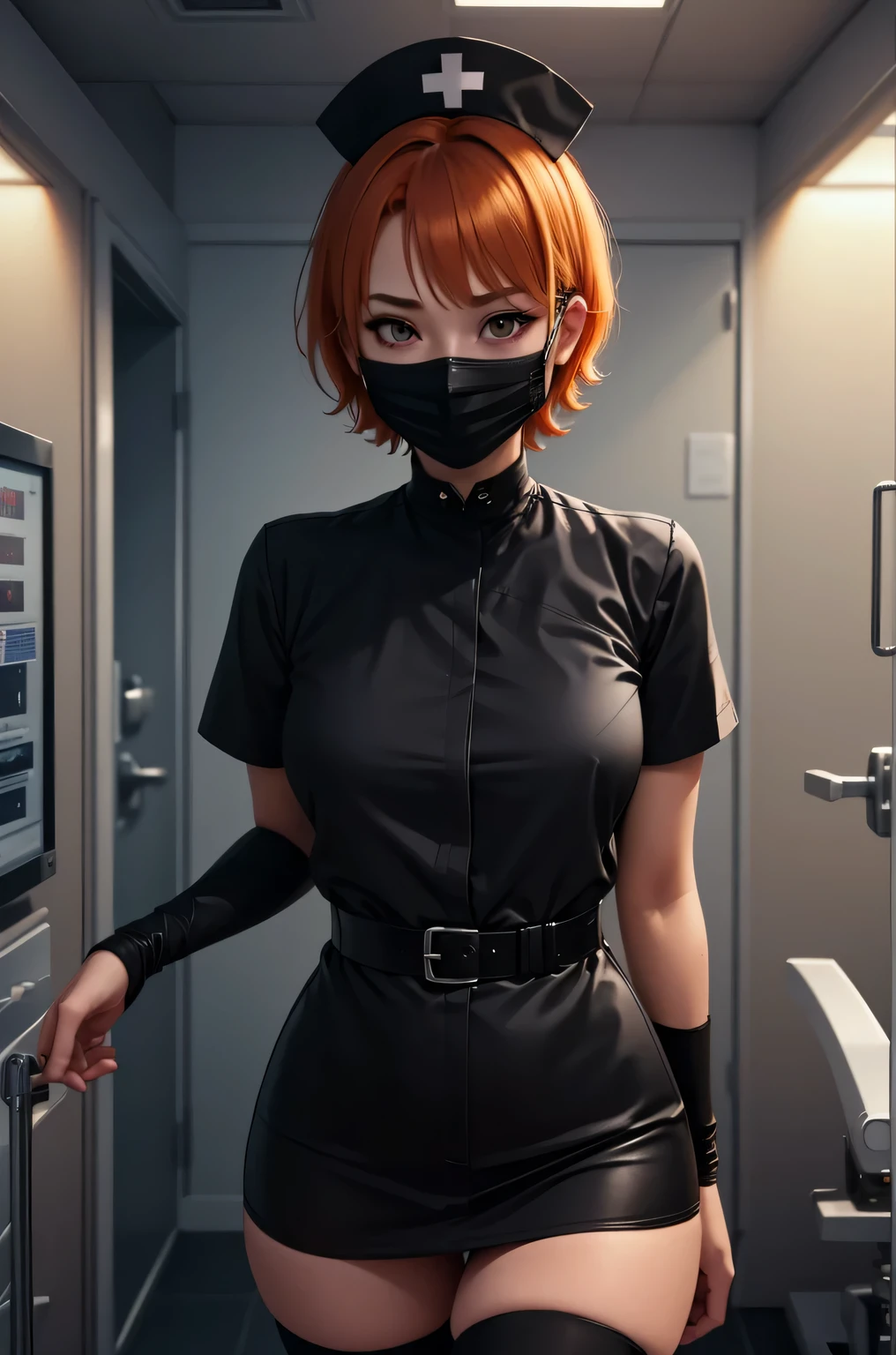 black nurse, 1 girl, alone, black nurse cap, Blackware, ((black legwear, zettai ryouiki)), black elbow gloves, very short hair, orange hair, ((black surgical mask, covered nose)), Are standing, ((operating room)), sharp outline, short sleeve, Tomboy, boyish, highest quality, masterpiece