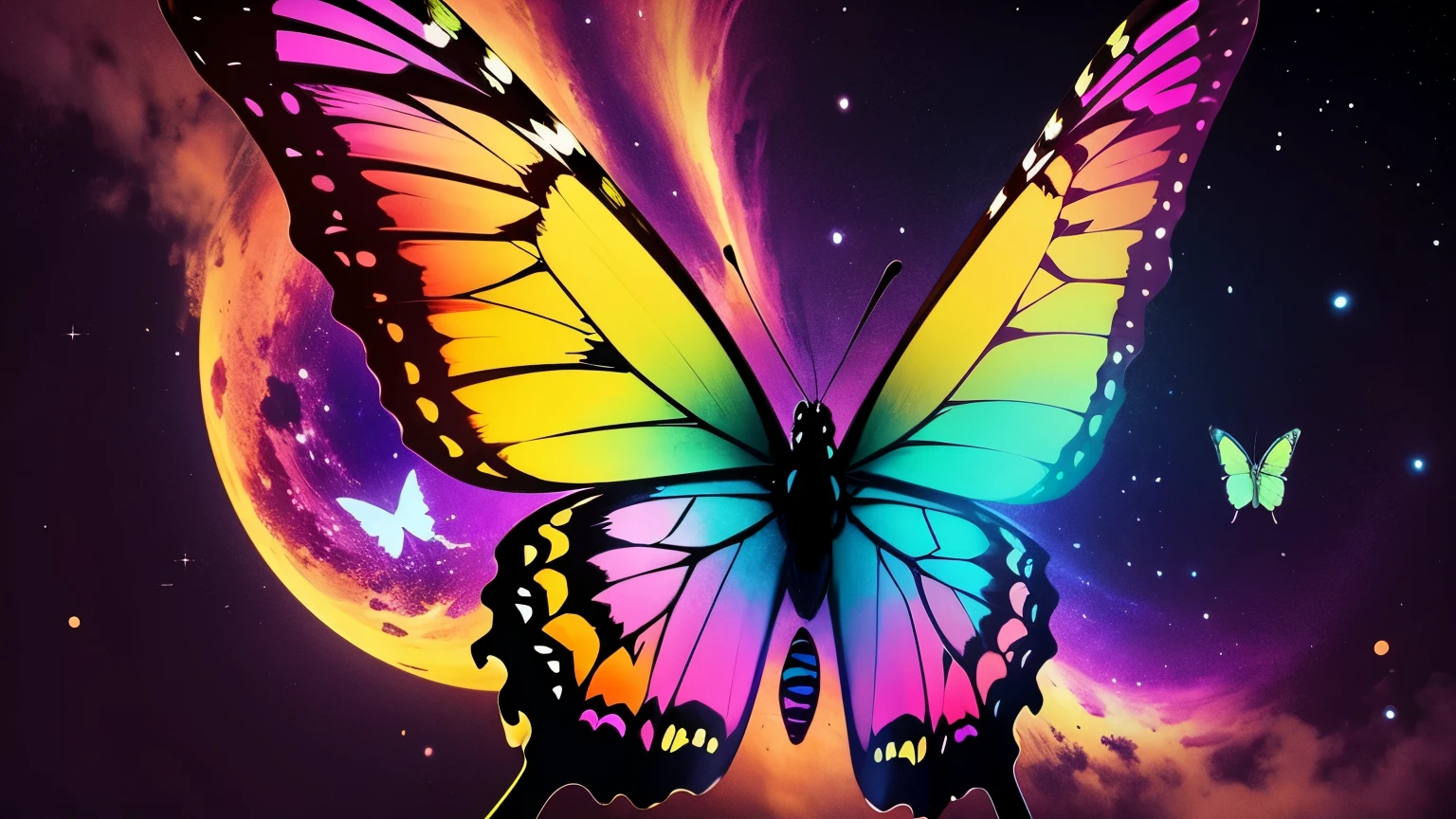 Butterfly flying away into the colorful universe