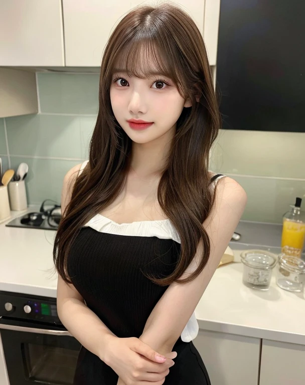 (master piece:1.3)、(8K、photorealistic、Live shooting、highest quality: 1.4)、(1 girl)、beautiful face、(real-looking face)、(brown hair、long hair:1.3)、beautiful hairstyle、realistic eyes、beautiful details、（realistic skin）、beautiful skin、Charm、ultra high resolution、Super realistic、High definition、golden ratio,An arafi woman standing in the kitchen with her arms on the counter, Bae Suzy, korean girl, With bangs, long straight bangs, with full bangs, long hair With bangs, cute korean actress, long hair with full bangs, brown long hair With bangs, korean female fashion model, straight bangs, beautiful korean woman, Nam Jae Young