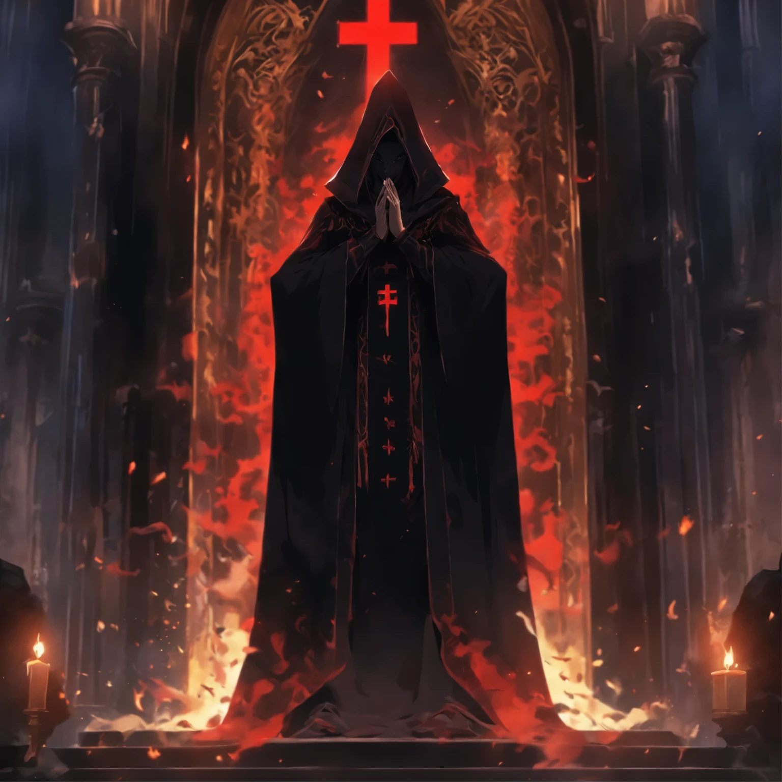 A cathedral in the background,an upside down red cross,in front of the door, A man in a golden cloak is praying,behind him, Many people in black robes knelt and worshiped.,Dark worship,Demon worship,poster,4K,best quality, masterpiece, ultra high resolution, Witch God,Mystery Church