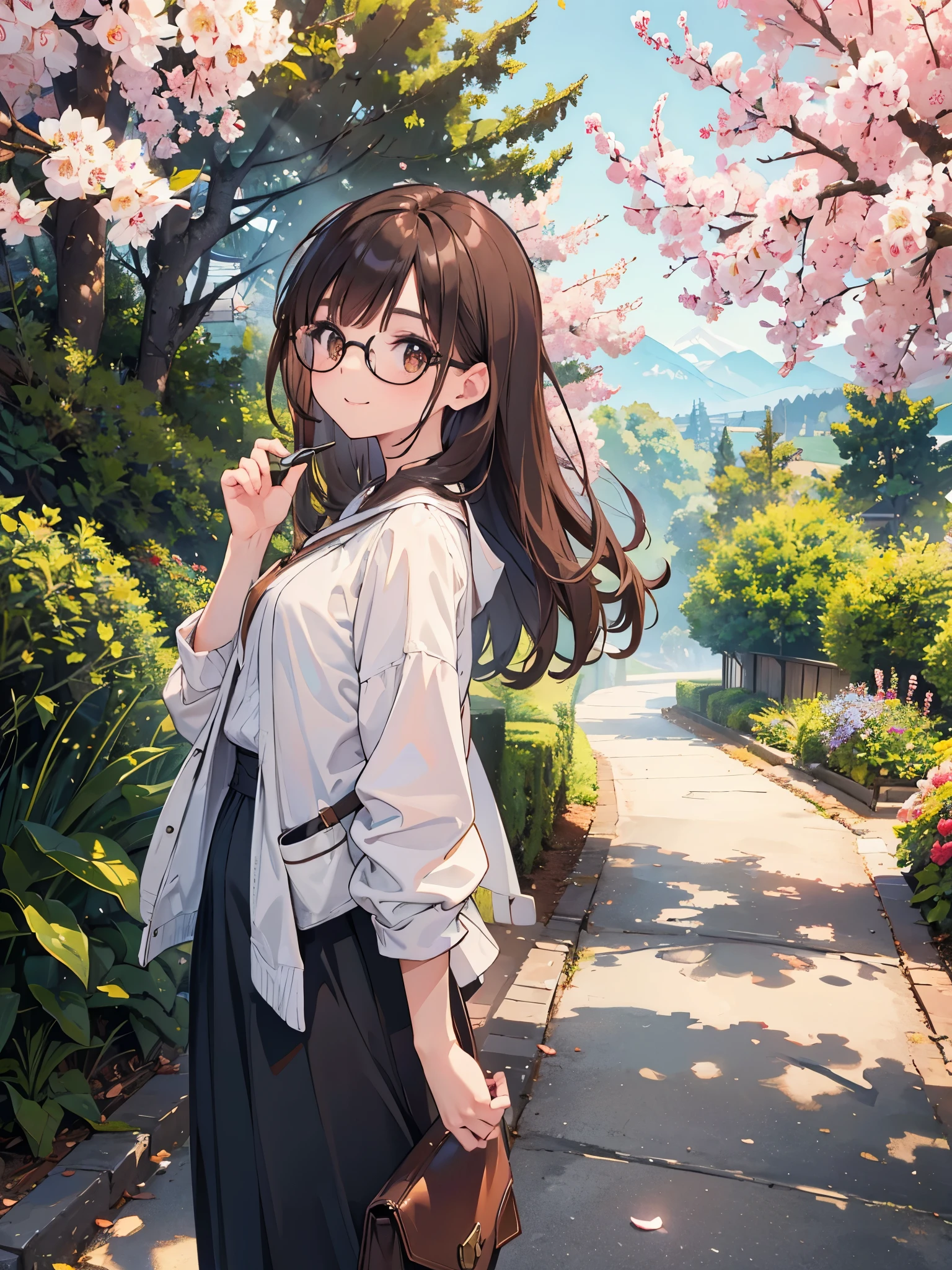1 woman、brown hair(long)、brown eyes、black round glasses、 best quality、Super detailed、8K resolution、Raw photo、muste piece、seductive 、gorgeous face、perfect body、spring scenery、stroll、smile