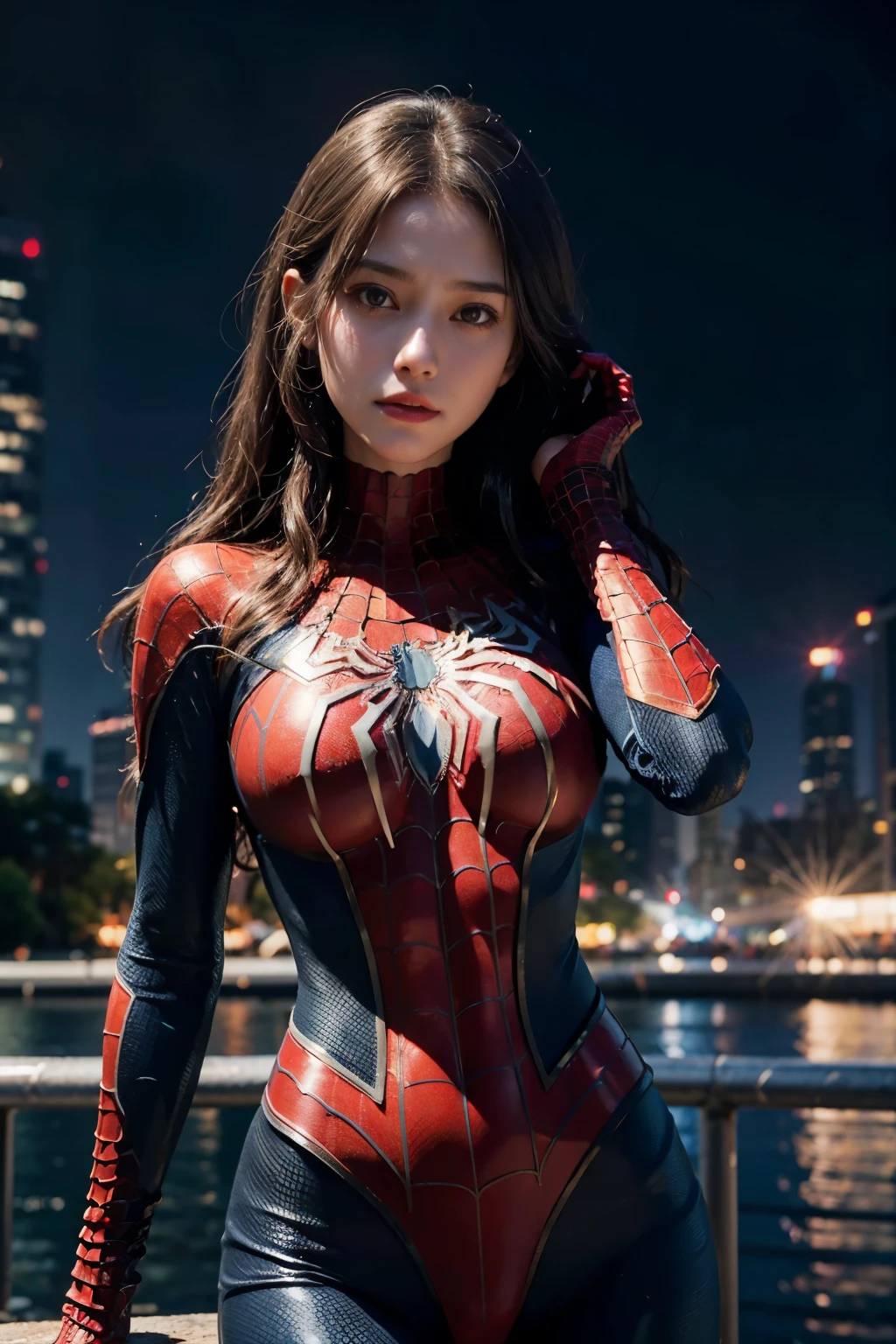 (wear female spiderman_cosplay_clothing:1.1), sky front, nice hands,4k, High resolution, master piece, best quality, head:1.3,((Hasselblad Photos)), fine skin, fix a sharp focus, (movie lighting),night，soft writing，dynamic angle，[:(facial details:1.2):0.2]，medium breasts，Take-out，clothes are white, black and red