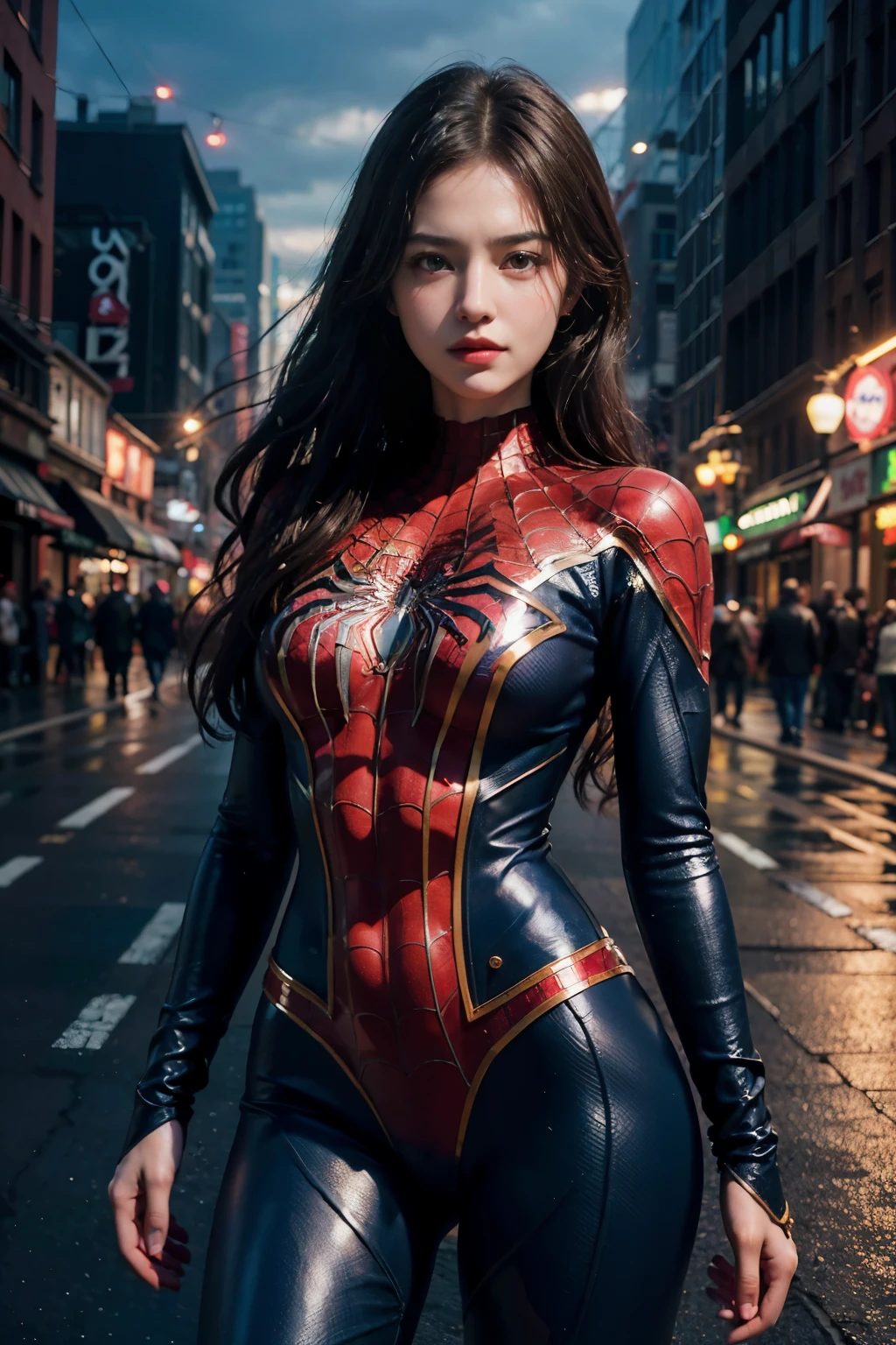 (wear female spiderman_cosplay_clothing:1.1), sky front, nice hands,4k, High resolution, master piece, best quality, head:1.3,((Hasselblad Photos)), fine skin, fix a sharp focus, (movie lighting),night，soft writing，dynamic angle，[:(facial details:1.2):0.2]，medium breasts，Take-out，clothes are white, black and red