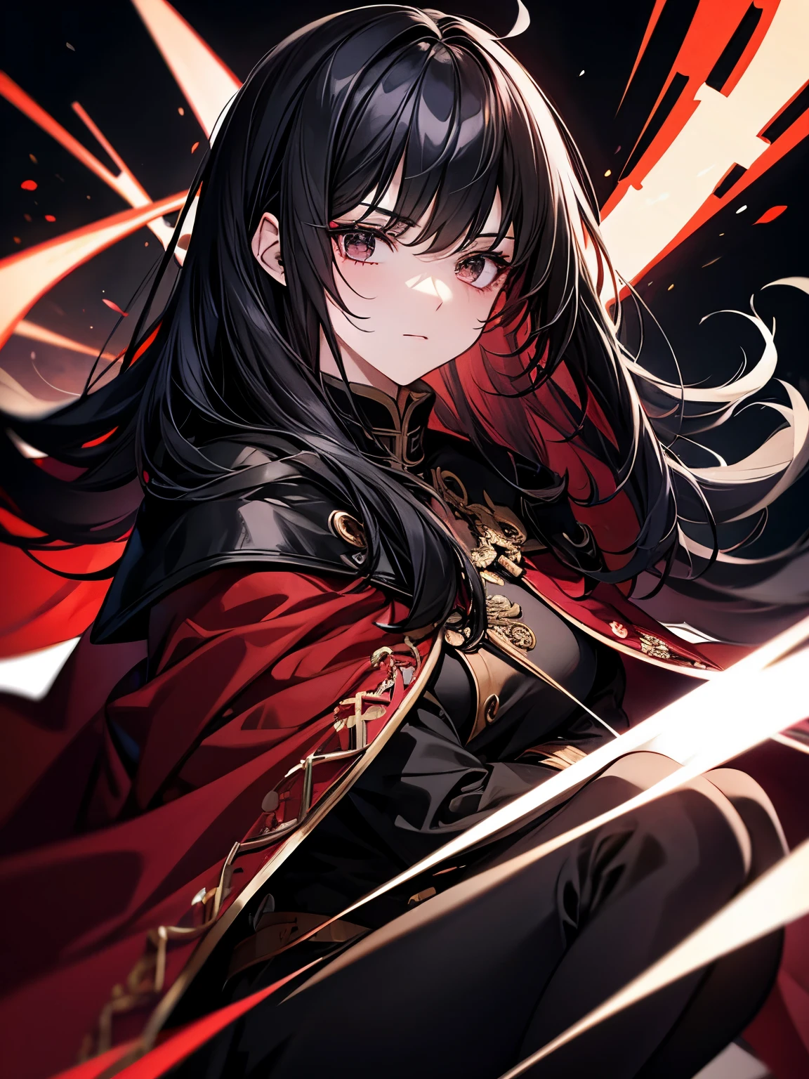 Black hair, black eyes, mysterious, red academy uniform, cool, female, red cloak