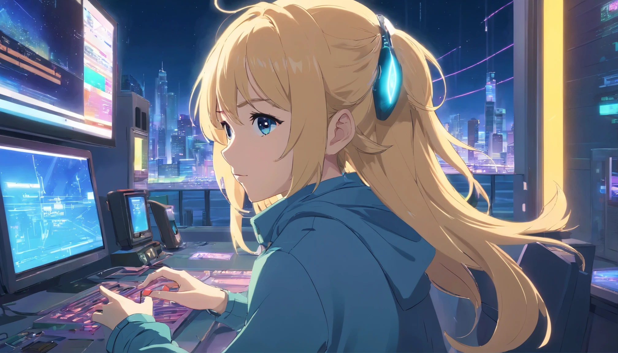 2d anime style, Very detailed illustration in anime style of an adult blonde woman, a woman who enjoys using advanced electronic devices, high-tech body-worn clothing, She is checking some data on a high-tech holographic equipment, futuristic cit environment with neon and LEDs lights, (cyberpunk style), high contrast, cel shaded, light particles, colorful