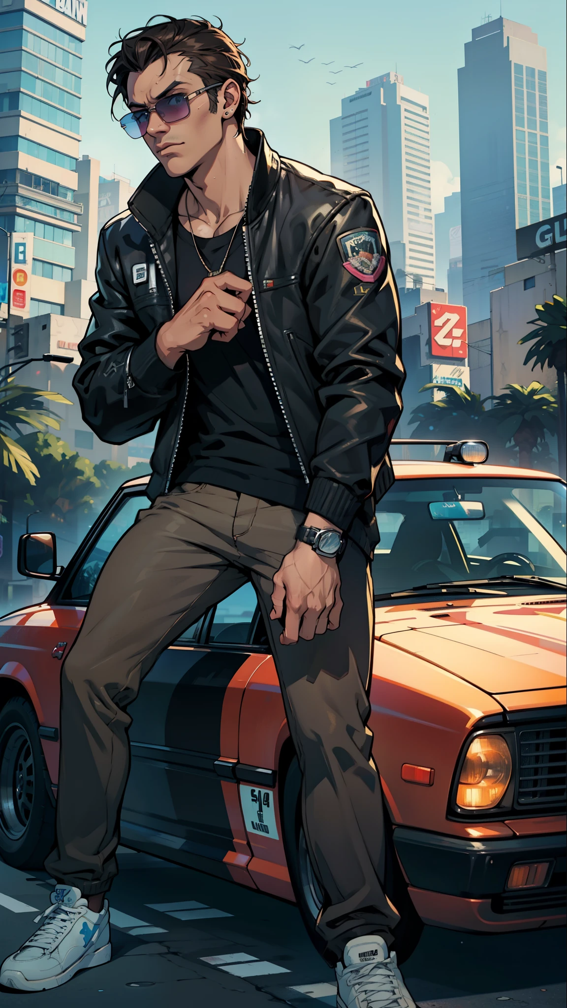 [Sasuke Uchira] "in Grand Theft Auto-style loading screens, GTA-style art, highly detailed and realistic cars in the background, digital painting style, GTA-style digital illustration, studio lighting