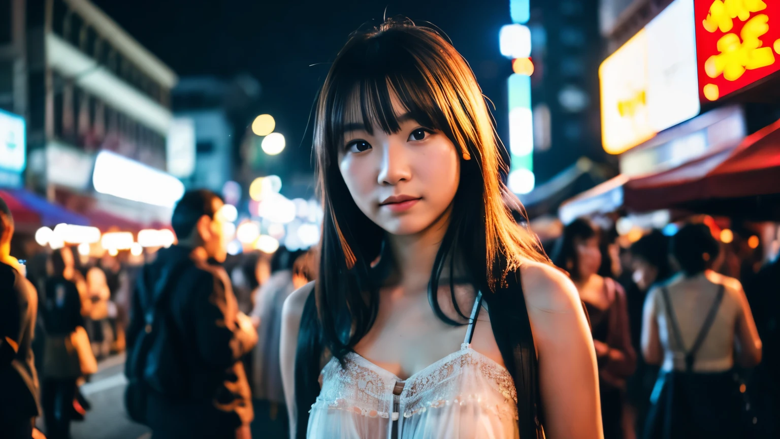 Create images at the festival Young woman wearing a Thai sheer dress In the middle of Tokyo, looking at the camera, the background is smoke rising from the ground and rolling around like a high art picture, bright neon lights, the night sky, magical dust, shot with a Nikon D810 camera, 200mm lens, shutter speed 1000, iso 100, full body image, HD realistic