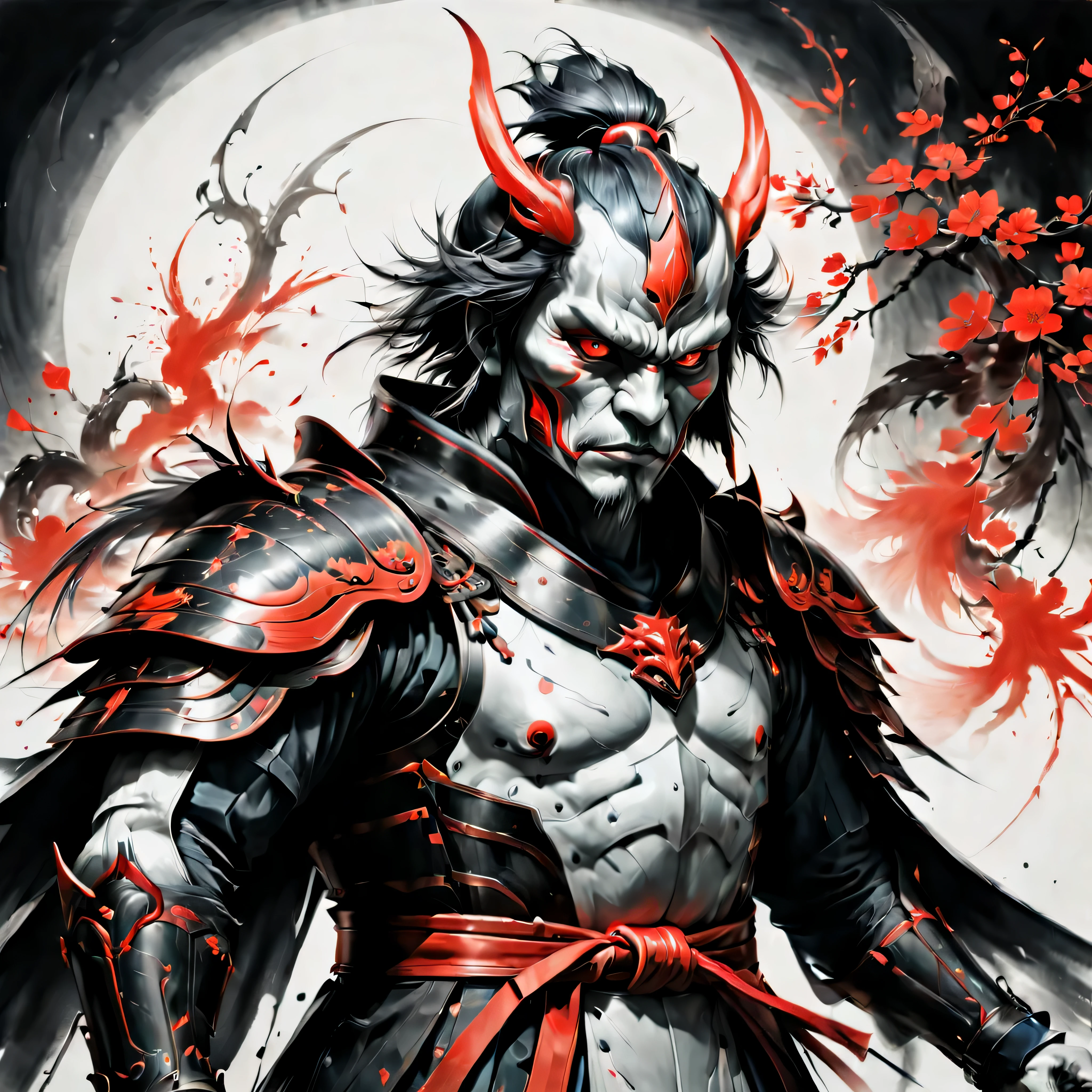 ((Selective color)), Drawing of a Tengu in Samurai Robe with Red Eye, smooth lines, fine art piece, Express expressions and postures through ink contrast, emphasize light, shadow and space. figurative art, (best quality, 4K, 8k, high resolution,masterpiece:1.2) ,(actual, photoactual, photo-actual:1.37).