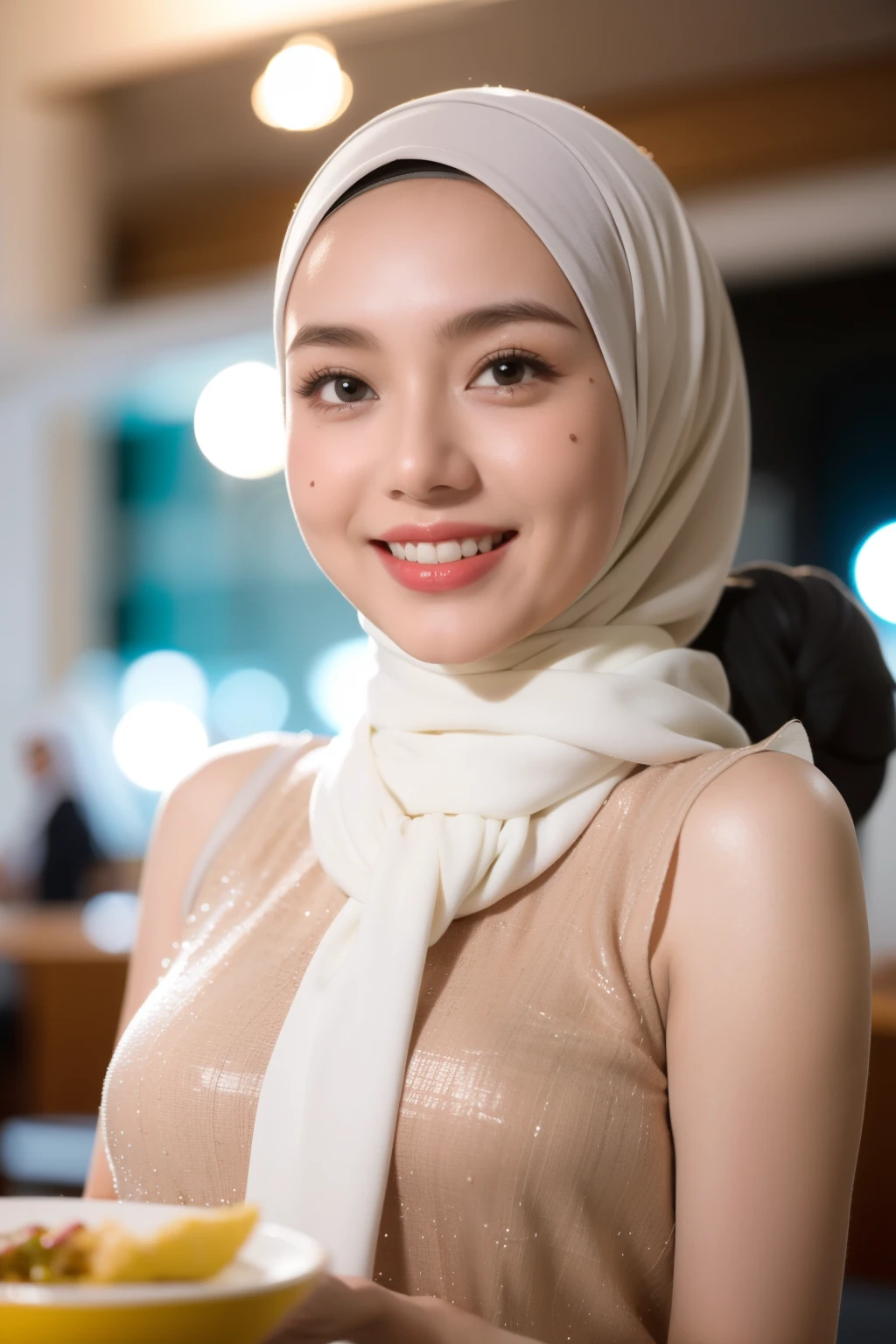 Malay girl in hijab, wear pastel white peplum dress, going to dinner, smiling, very long white hijab, wear necklace, front view, hijab blown, windy, detail skin, age spot, detail skin texture, mole below eyes, small breast, flat chest, wide hips, small waists, thick thighs, slim abs, beautiful body, nighttime, laughing, happy, bright lighting, people in background, college gym background, blur background, bokeh, location: dinner hall,