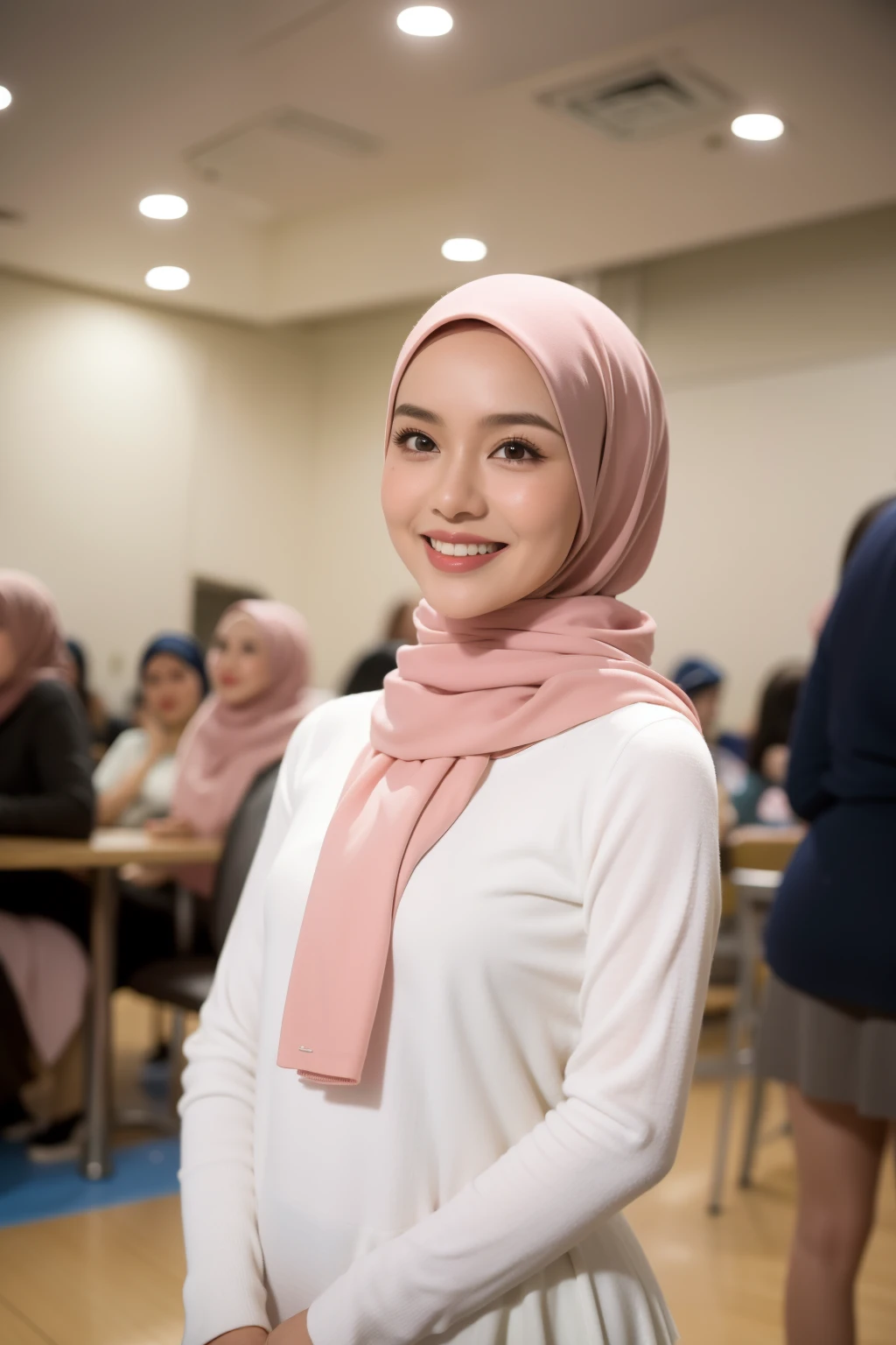 Malay girl in hijab, wear pastel white peplum dress, going to dinner, smiling, very long white hijab, wear necklace, front view, hijab blown, windy, detail skin, age spot, detail skin texture, mole below eyes, small breast, flat chest, wide hips, small waists, thick thighs, slim abs, beautiful body, nighttime, laughing, happy, bright lighting, people in background, college gym background, blur background, bokeh, location: dinner hall,