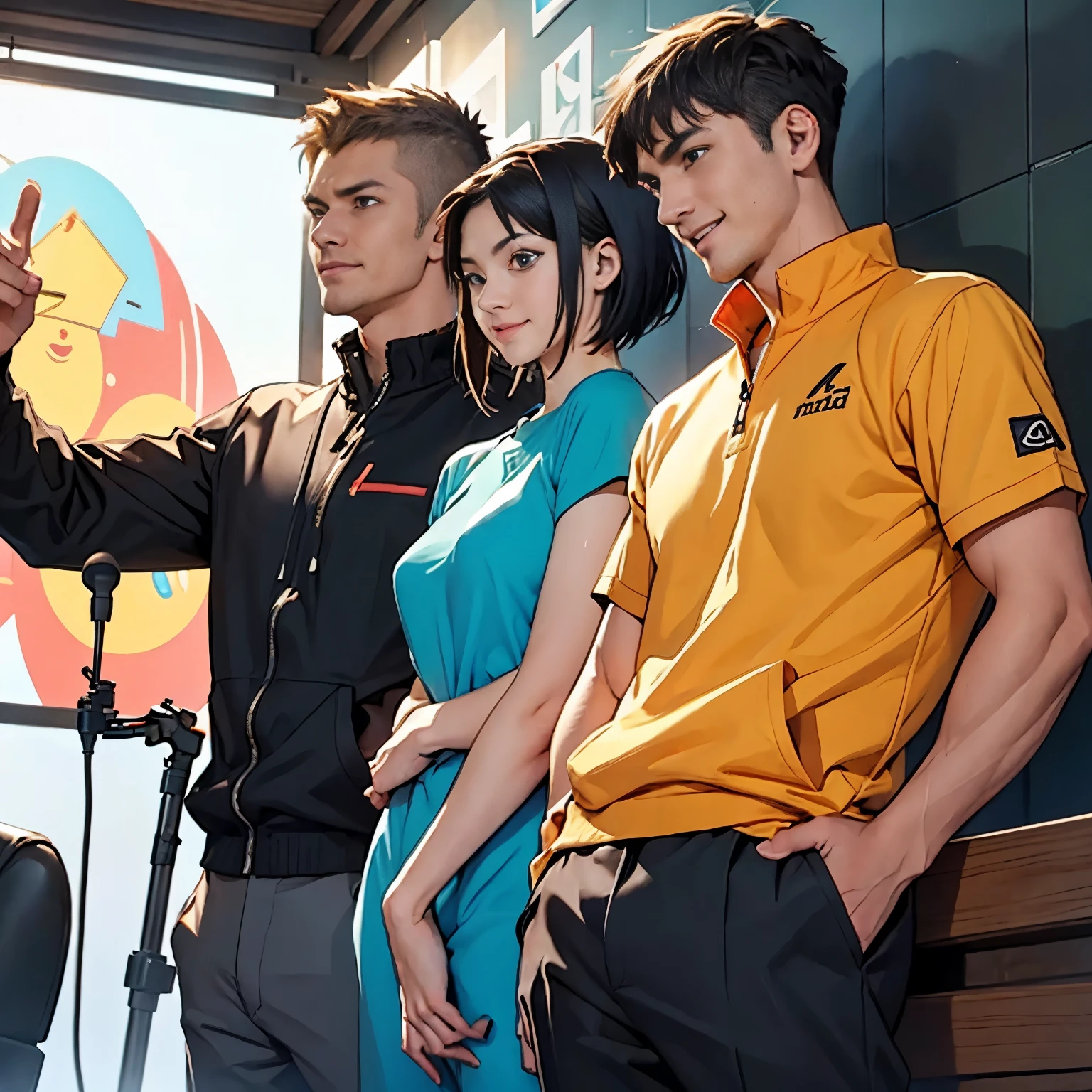 ((lol: 1.2 + Galen: 1.3), realistic art style), HD, Two man and one woman on stand up comedy. While , teenager, and adult watching them with happy and laughing face