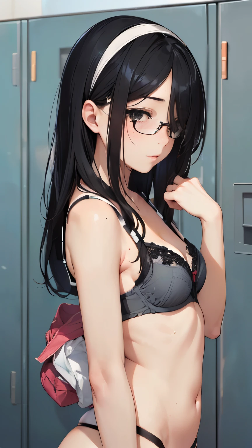 ((((School、locker room、Changing clothes)))、、high school girl、、((((((I have the bra I took off in my hand.:1.2)))))(((panties:1.5、flat chest、I can see your breasts、topless、slender body)))、、low length、((((((Eyes hidden by long bangs:1.2))))))、((([(freckles、long black hair:1.2 hair band))))(((black rim glasses:1.2 black eye)))、locker、looking here、Side view、whole body,official art、High resolution、hyper detail、