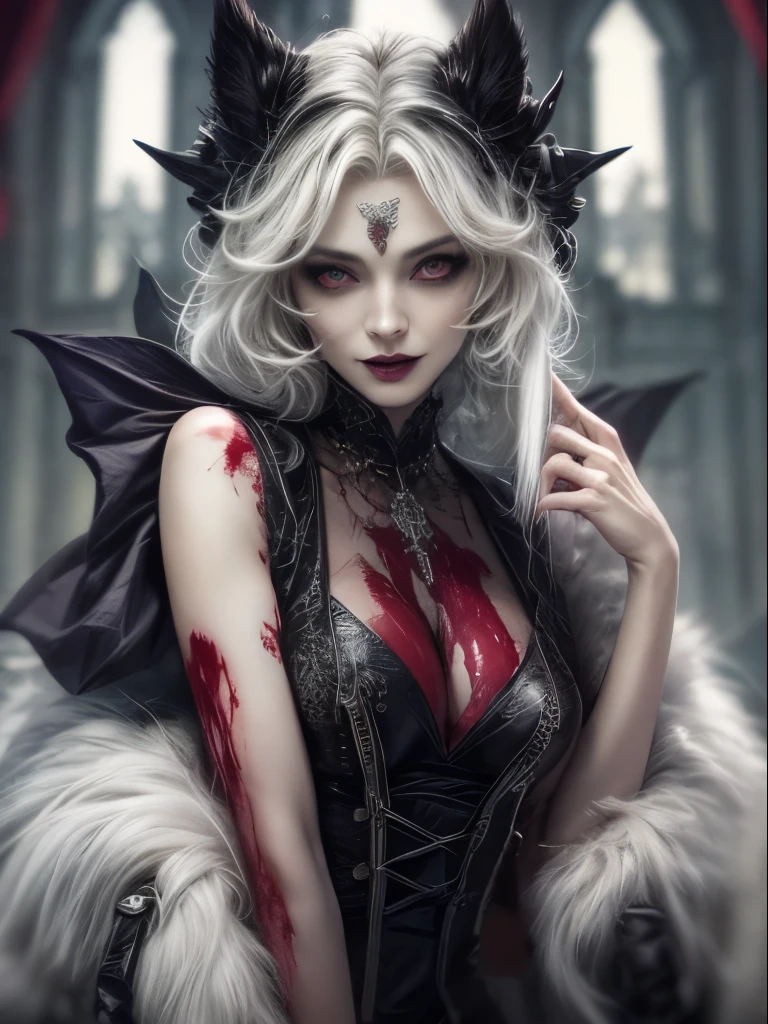 "(close up potrait), ((Hair half black and half white like cruella de vil)), Dark fantasy, gothic style, vampire queen, wearing a gothic-style dress, with a bloodthirsty smile and blood on the face, body, and a blood moon in the background. The scene is set in a gothic castle with lots of bats, emphasizing the pale skin and glowing eyes."
