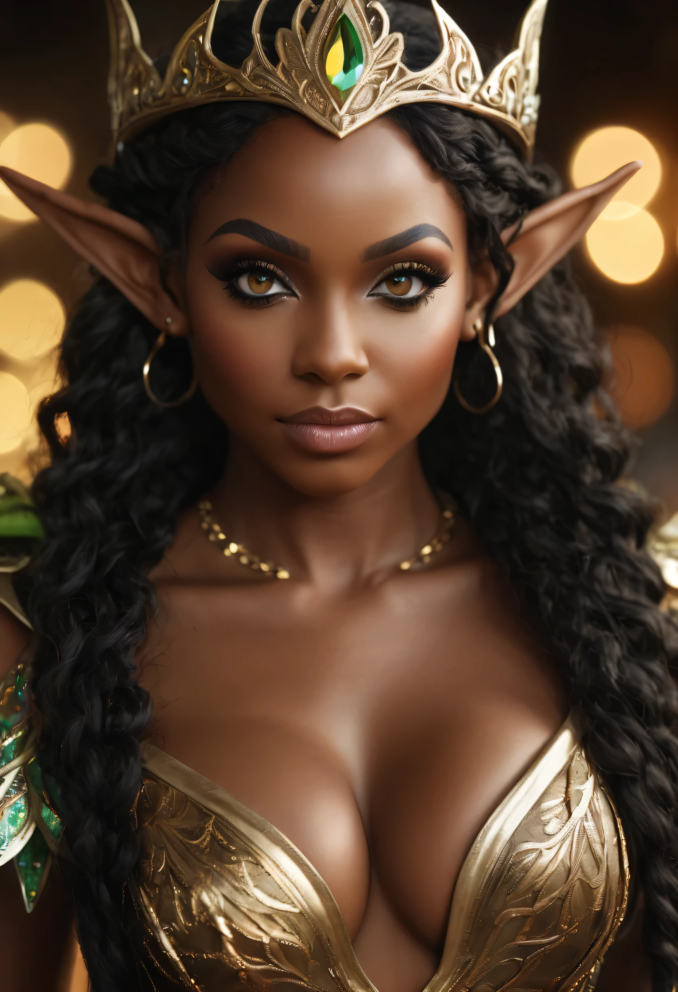 4k highly detailed realistic digital extremely high quality RAW photograph, (a portrait photo of Moriah Mills as a fantasy elf queen), ebony, (beautiful and detailed eyes: 1.1), bimbo, seductive, sexy, large breasts, epic, hyperrealistic, hyperrealism, 8k, cinematic lighting, (f1.8 short focus bokeh)
